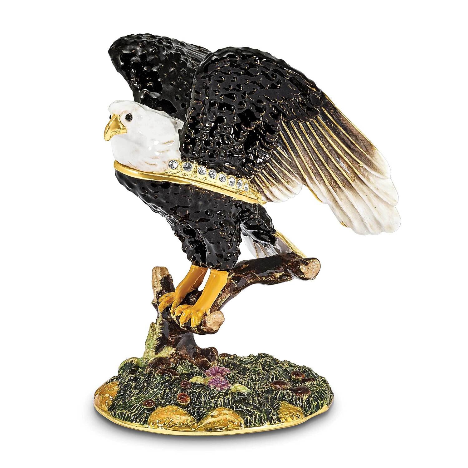 By Jere LIBERTY Bald Eagle Trinket Box with Matching 18 Inch Necklace Pewter Bejeweled Crystals Gold-tone Enameled BJ4099