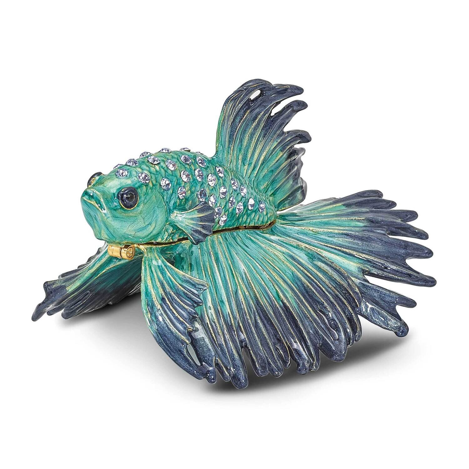 By Jere SY Betta Fish Trinket Box with Matching 18 Inch Necklace Pewter Bejeweled Crystals Gold-tone Enameled BJ4100