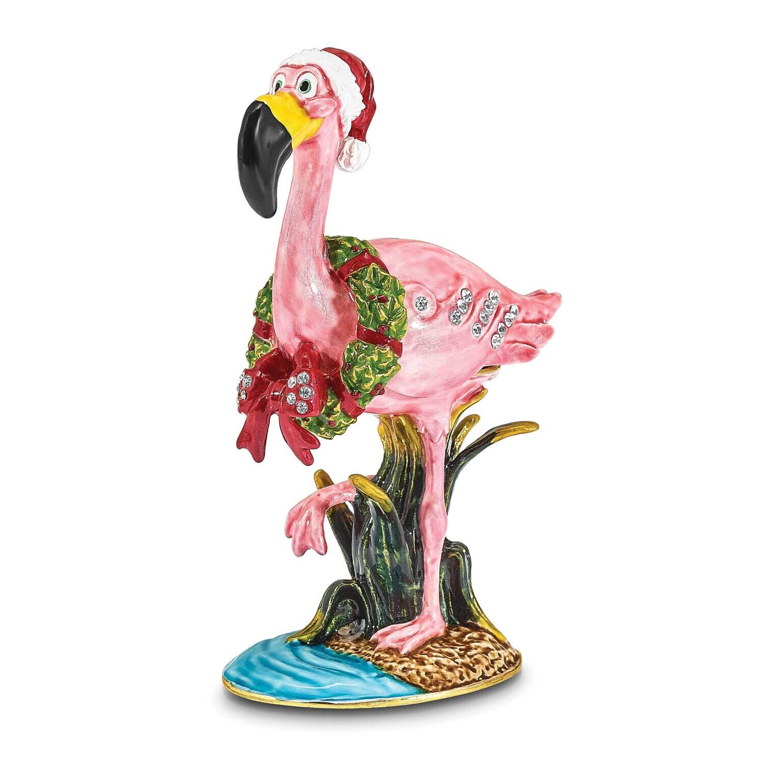 By Jere LEFTY Holiday Flamingo Trinket Box with Matching 18 Inch Necklace Pewter Bejeweled Crystals Gold-tone Enameled BJ4101