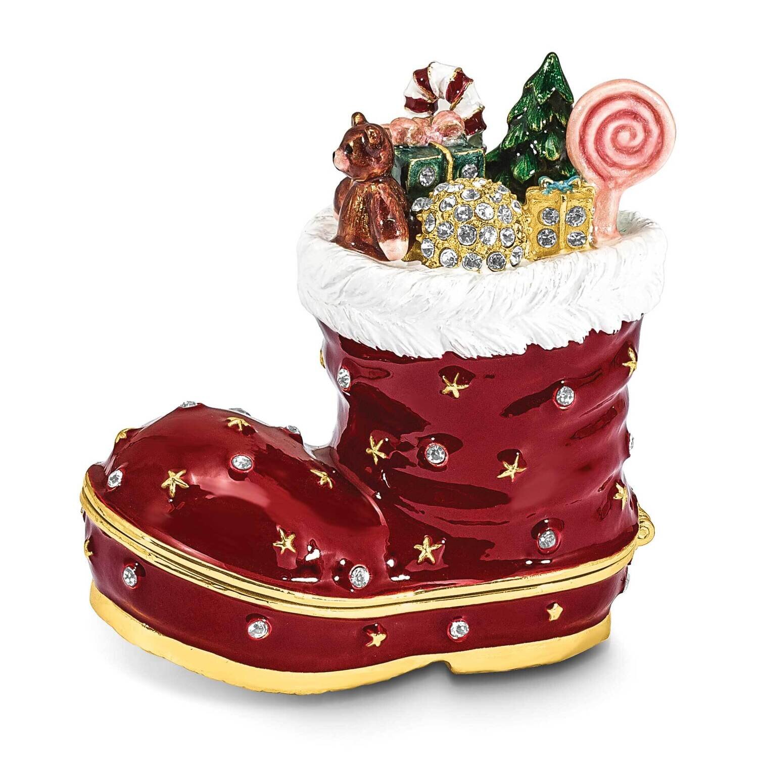By Jere BOOTS Stocking Trinket Box with Matching 18 Inch Necklace Pewter Bejeweled Crystals Gold-tone Enameled BJ4111