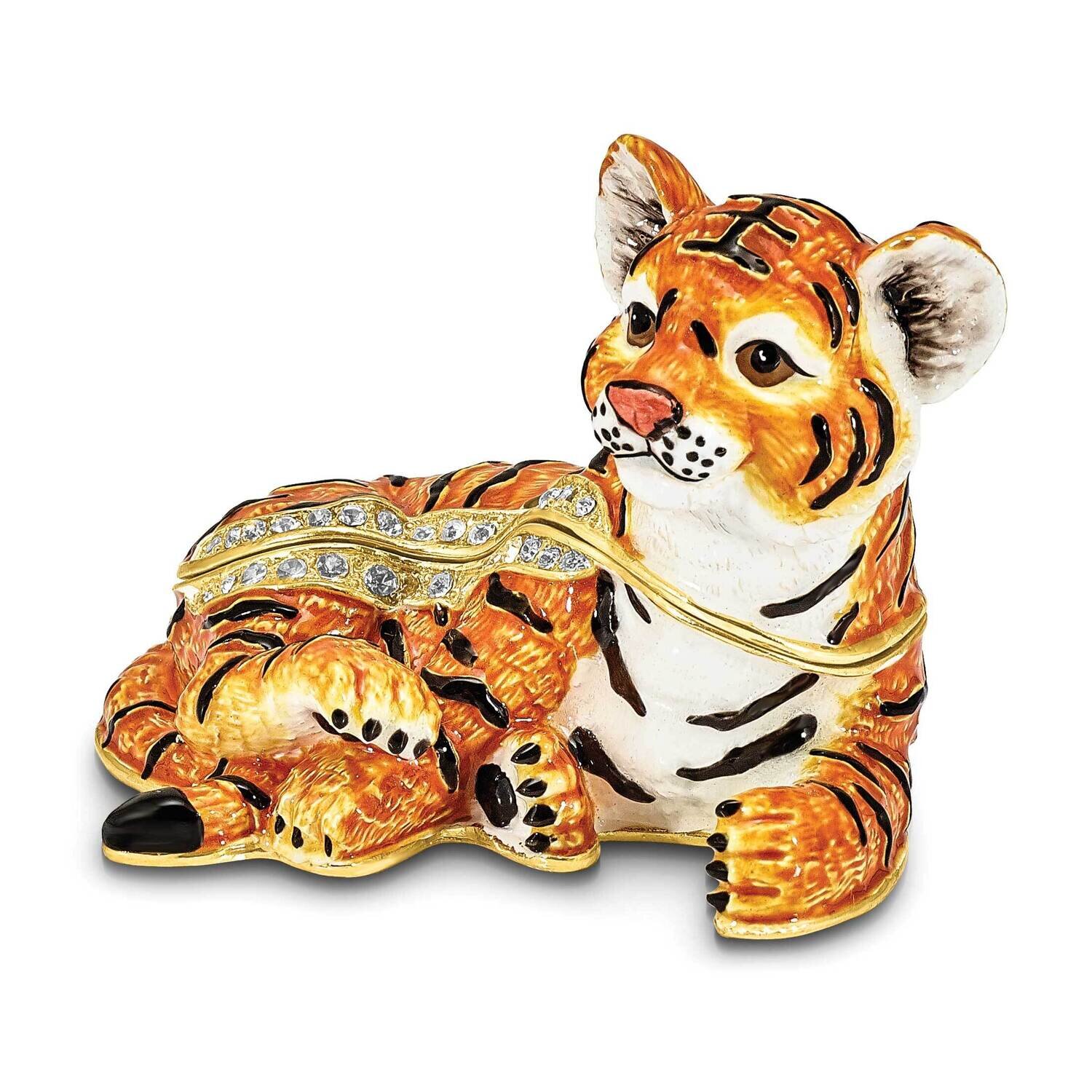 By Jere TONDA Young Tiger Trinket Box with Matching 18 Inch Necklace Pewter Bejeweled Crystals Gold-tone Enameled BJ4113