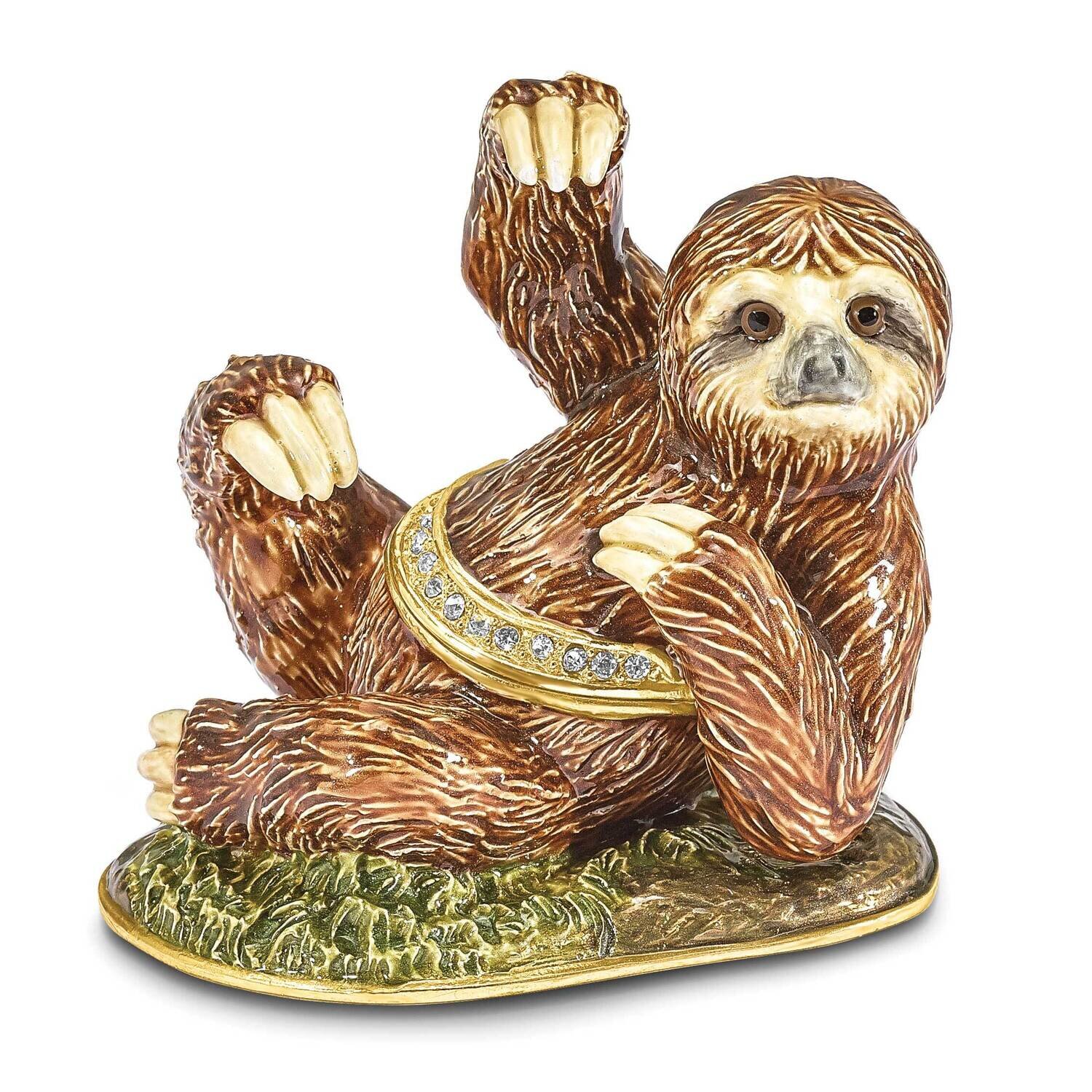 By Jere MELLOW Sloth Trinket Box with Matching 18 Inch Necklace Pewter Bejeweled Crystals Gold-tone Enameled BJ4112
