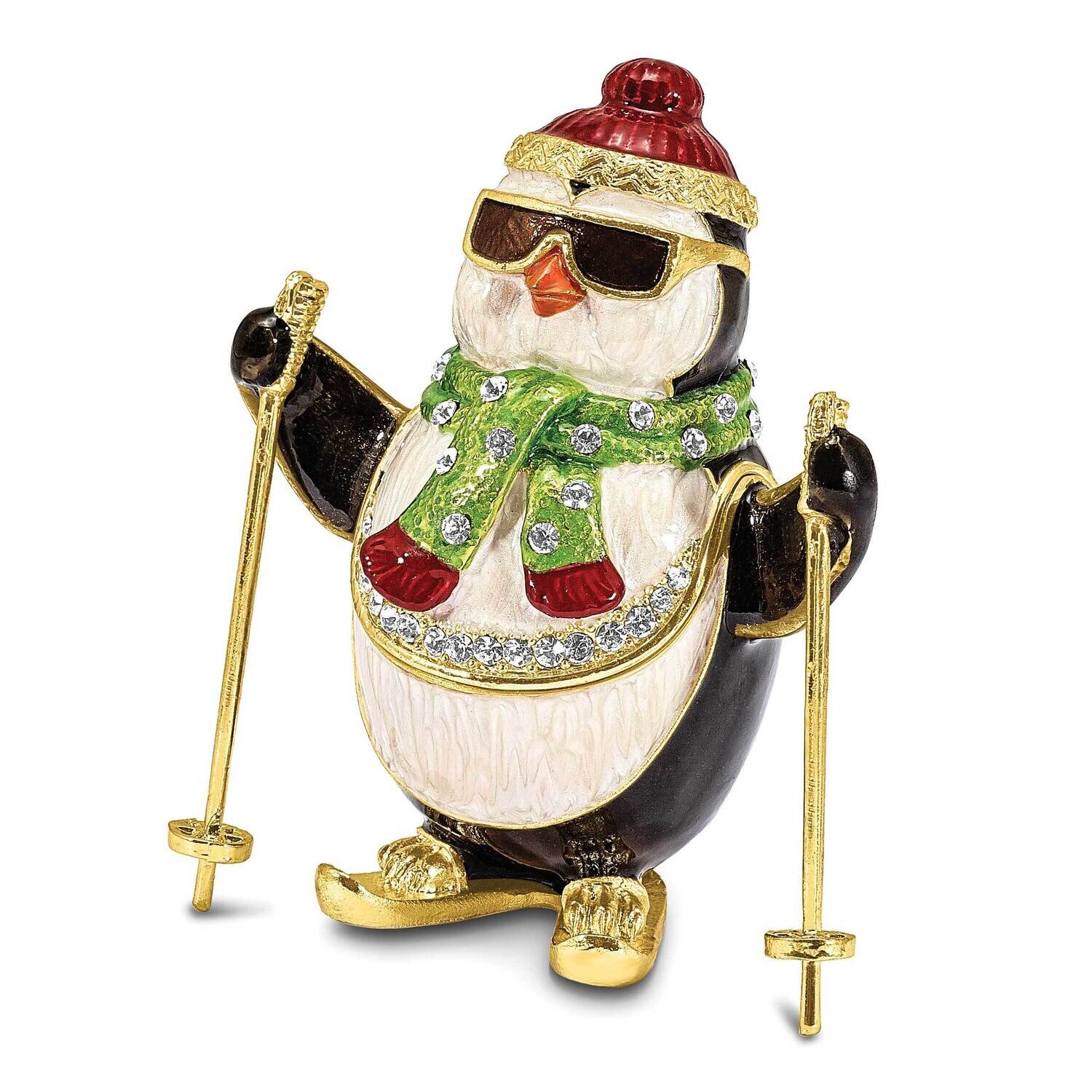 By Jere KOOLIO Skiing Penguin Trinket Box with Matching 18 Inch Necklace Pewter Bejeweled Crystals Gold-tone Enameled BJ4116