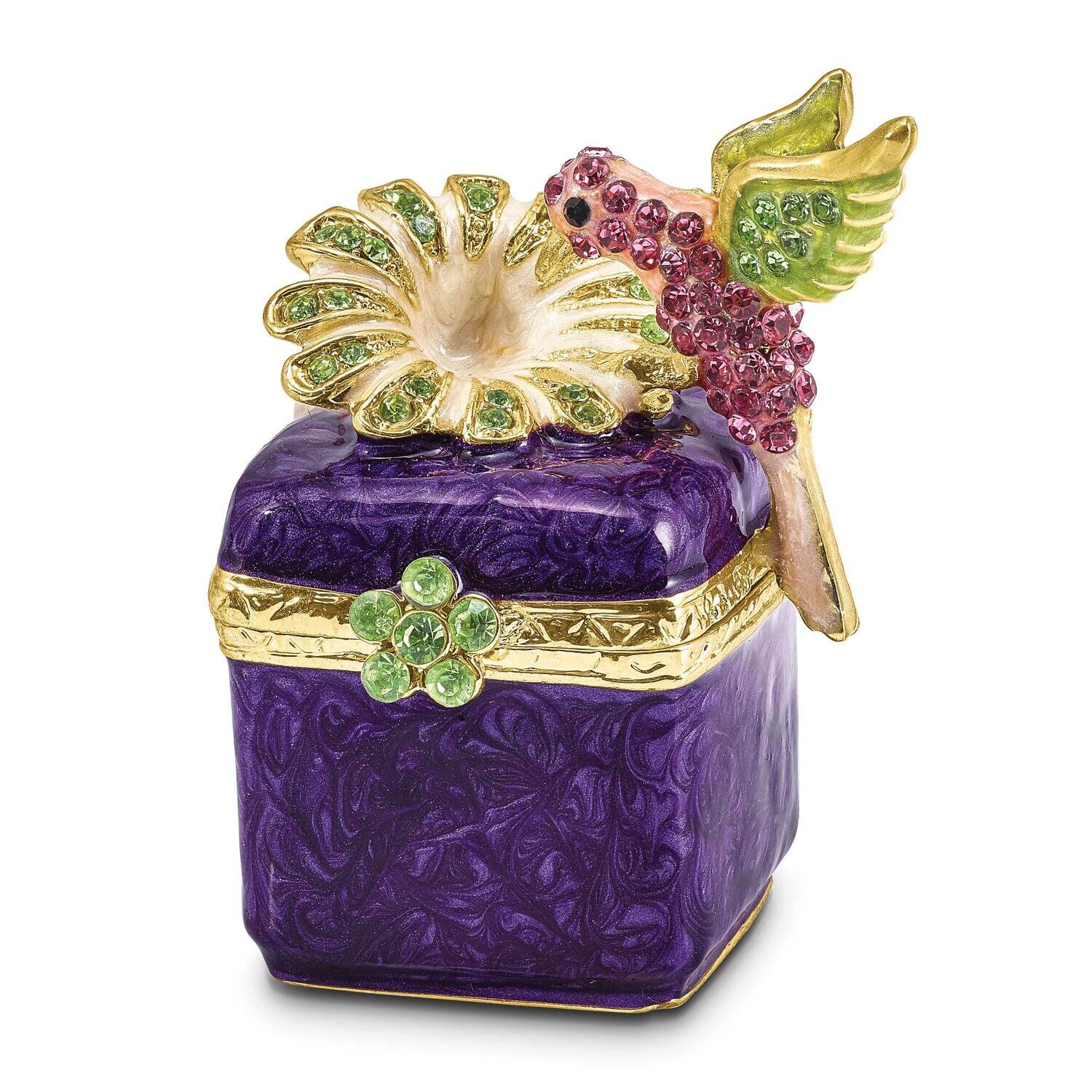 By Jere HARLOW Purple Box of Flower/Hummingbird Trinket Box with Matching 18 Inch Necklace Pewter Bejeweled Crystals Gold-tone Enameled BJ4123