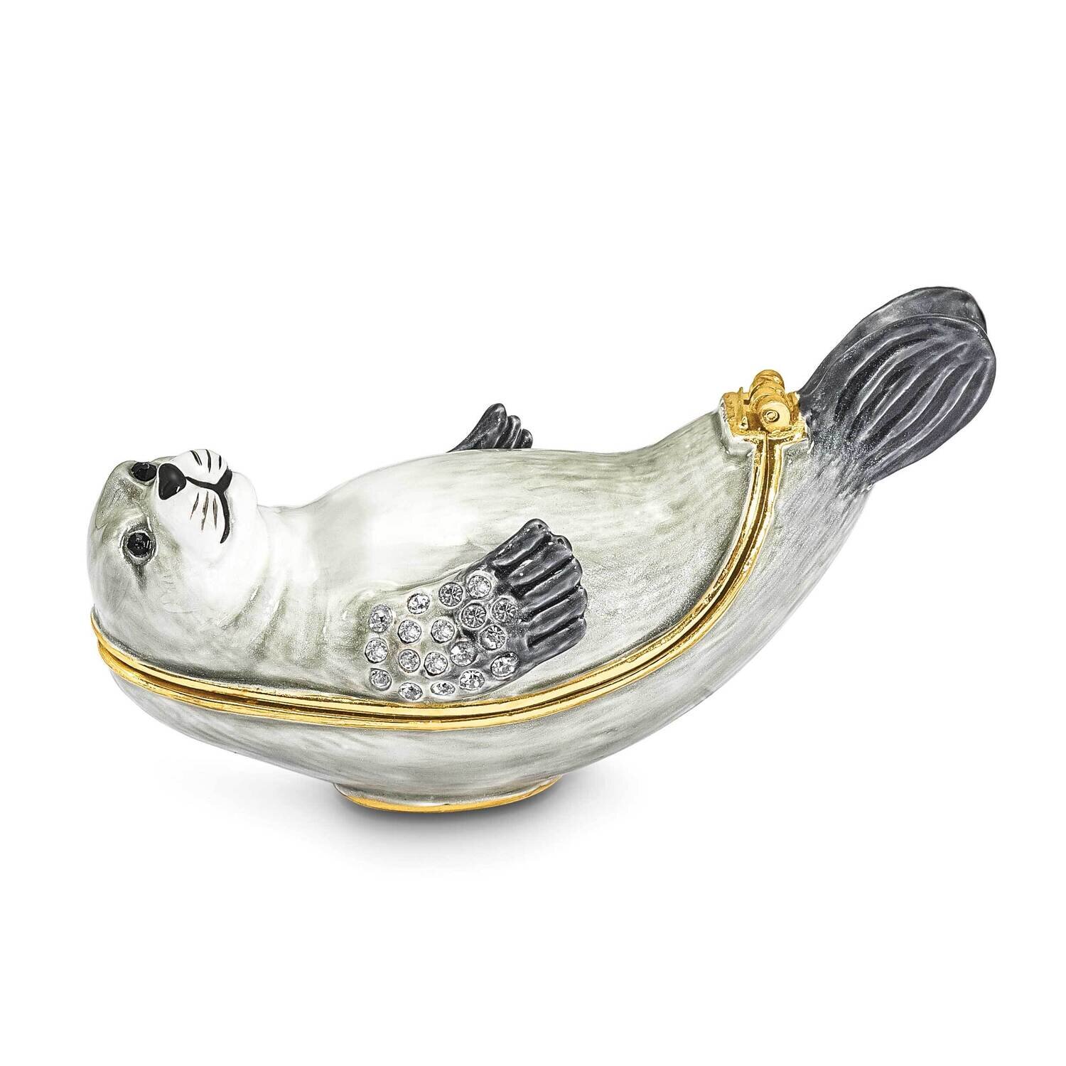 By Jere BERTRAM Grey and White Seal Trinket Box with Matching 18 Inch Necklace Pewter Bejeweled Cry…