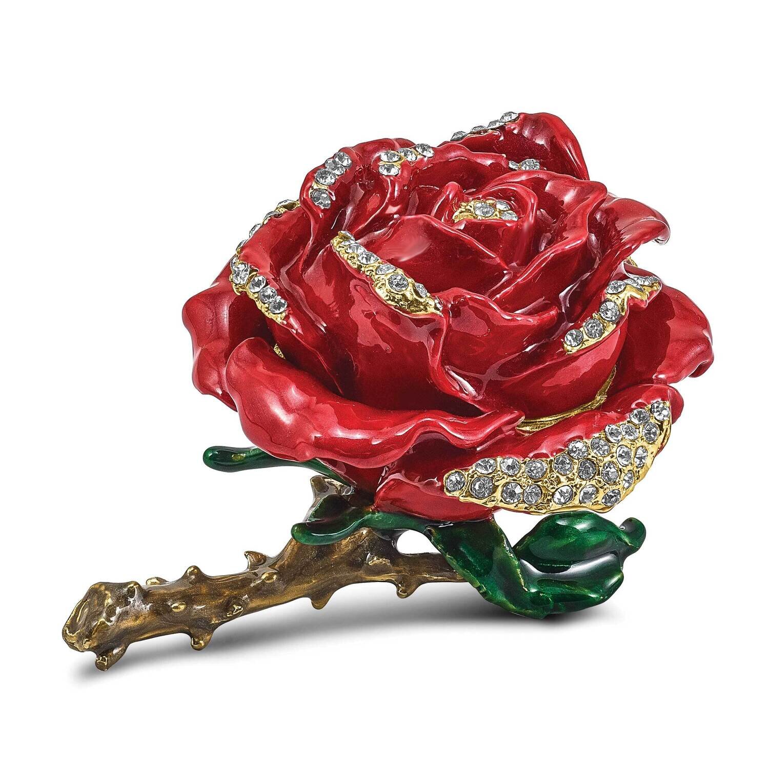 By Jere ROSA Red Rose with Ring Pad Trinket Box with Matching 18 Inch Necklace Pewter Bejeweled Crystals Gold-tone Enameled BJ4133