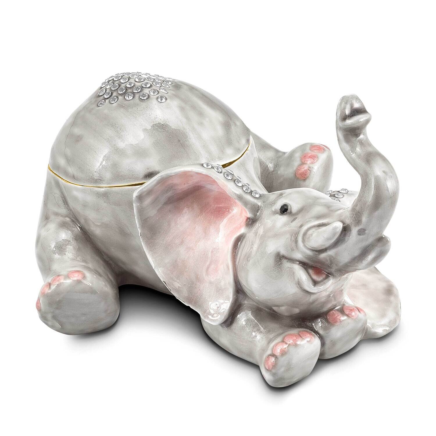 By Jere ELLERY Falling Baby Elephant Trinket Box with Matching 18 Inch Necklace Pewter Bejeweled Crystals Gold-tone Enameled BJ4122