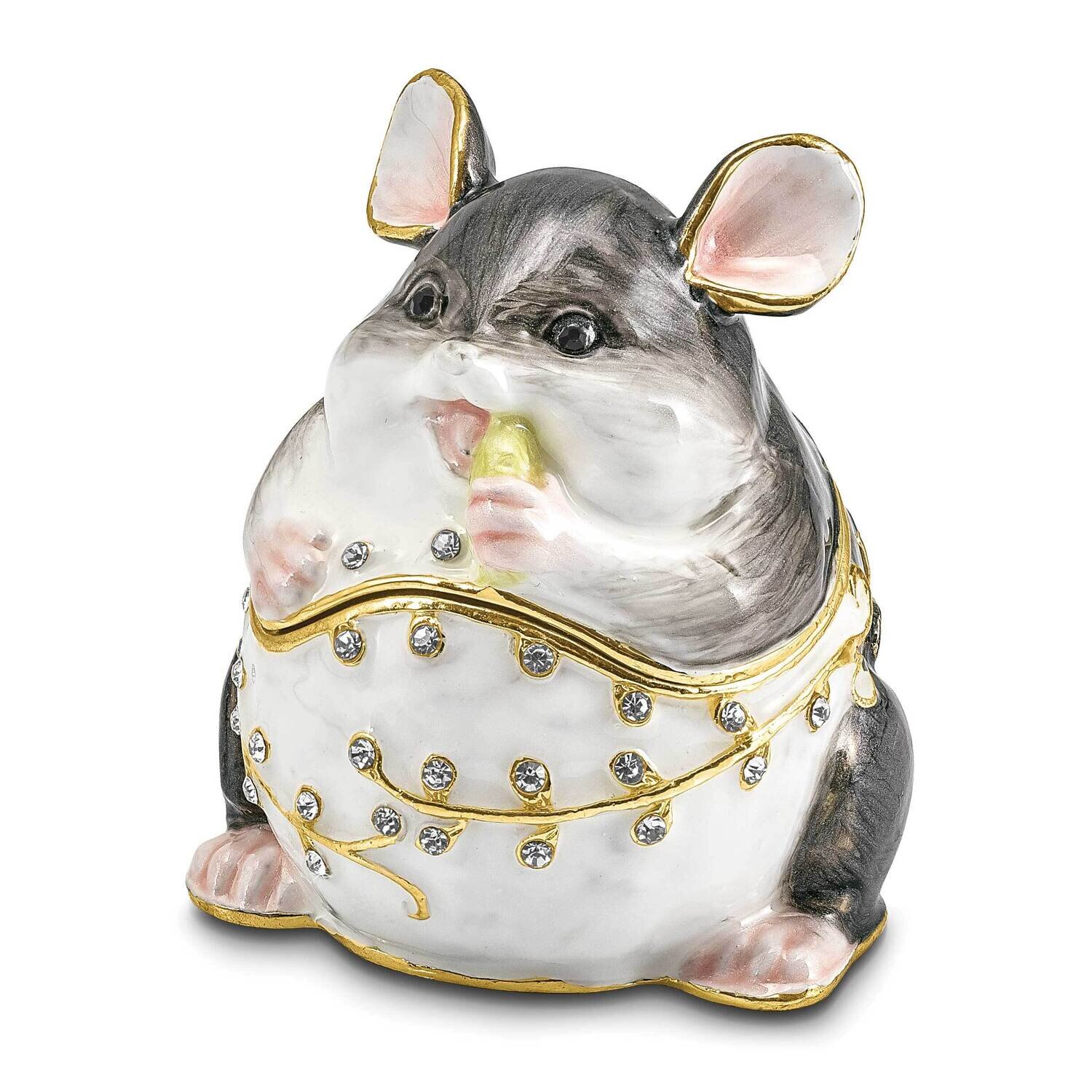 By Jere UNCLE JOE Chubby Mouse Trinket Box with Matching 18 Inch Necklace Pewter Bejeweled Crystals…
