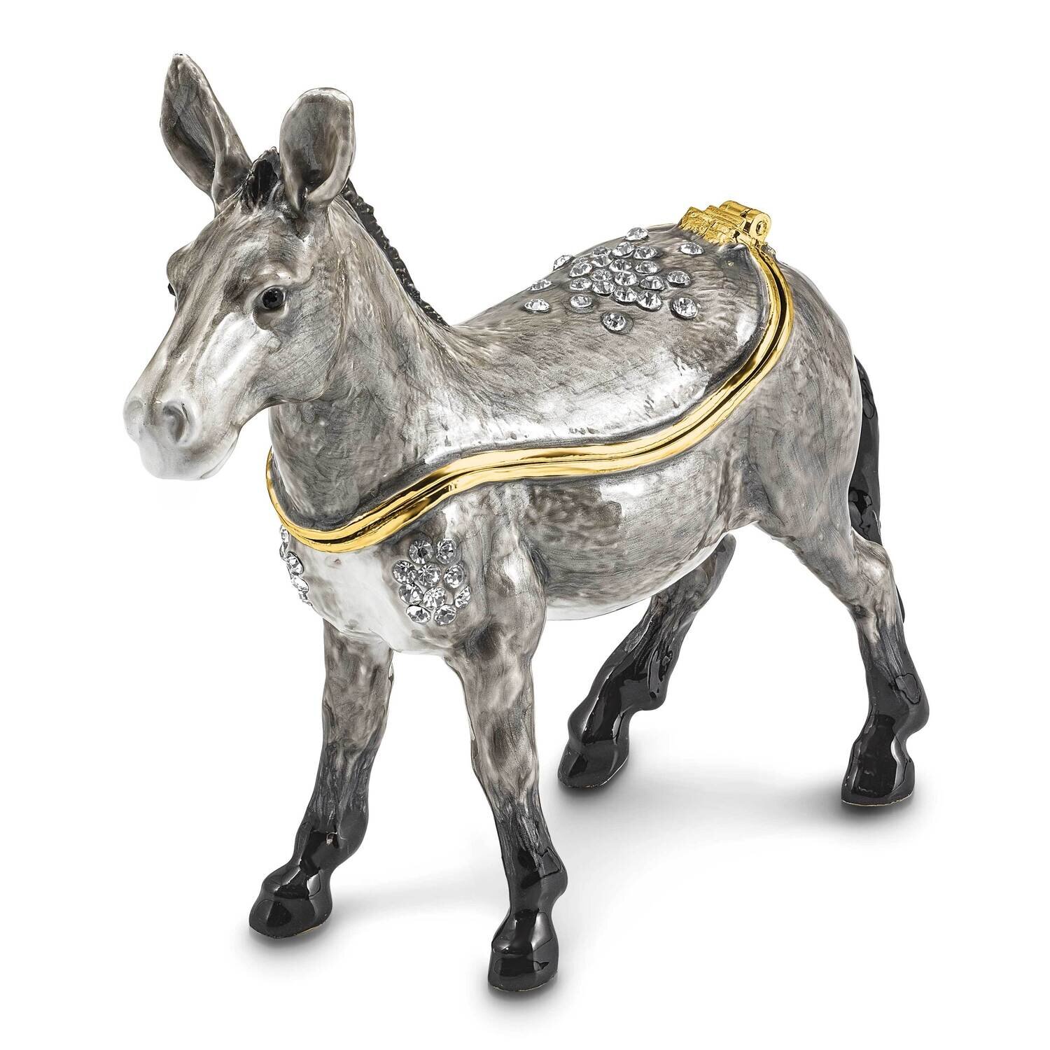 By Jere FEISTY Gray Donkey Trinket Box with Matching 18 Inch Necklace Pewter Bejeweled Crystals Gold-tone Enameled BJ4145