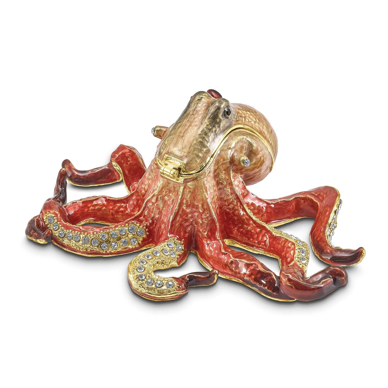 By Jere OLA Octopus Trinket Box with Matching 18 Inch Necklace Pewter Bejeweled Crystals Gold-tone Enameled BJ4129