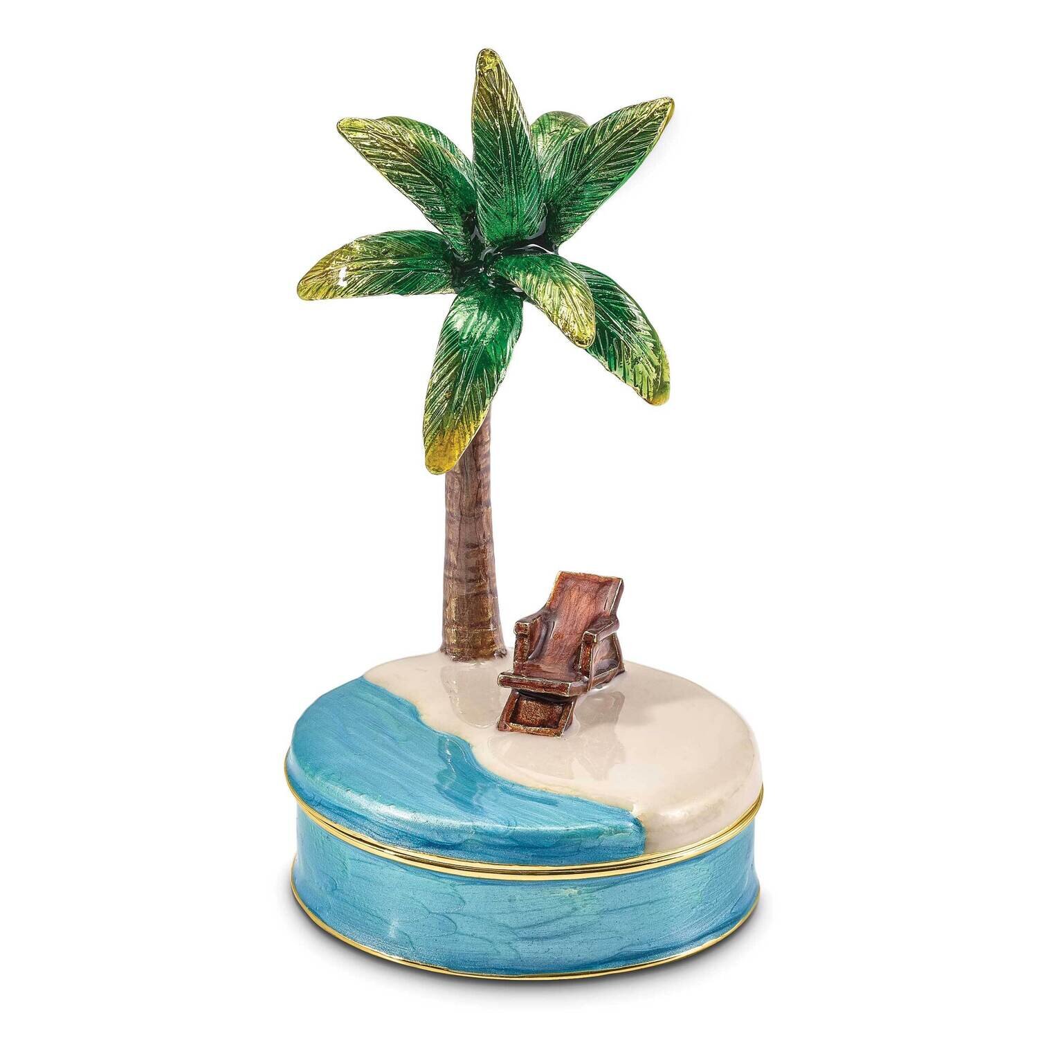 By Jere RELAX Palm Tree and Chair Trinket Box with Matching 18 Inch Necklace Pewter Bejeweled Crystals Gold-tone Enameled BJ4148