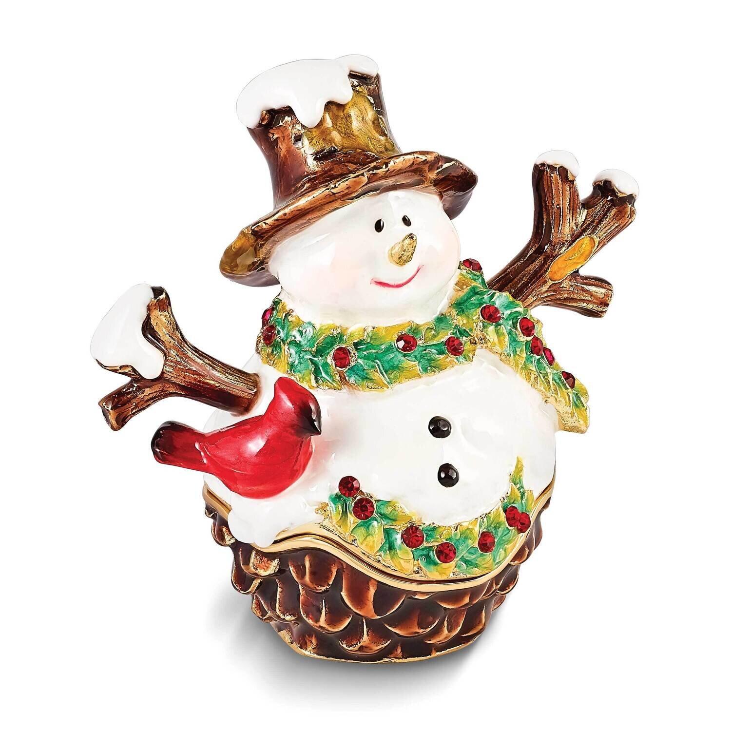 By Jere GARLAND Snowman with Bird & Scarf Trinket Box with Matching 18 Inch Necklace Pewter Bejeweled Crystals Gold-tone Enameled BJ4167