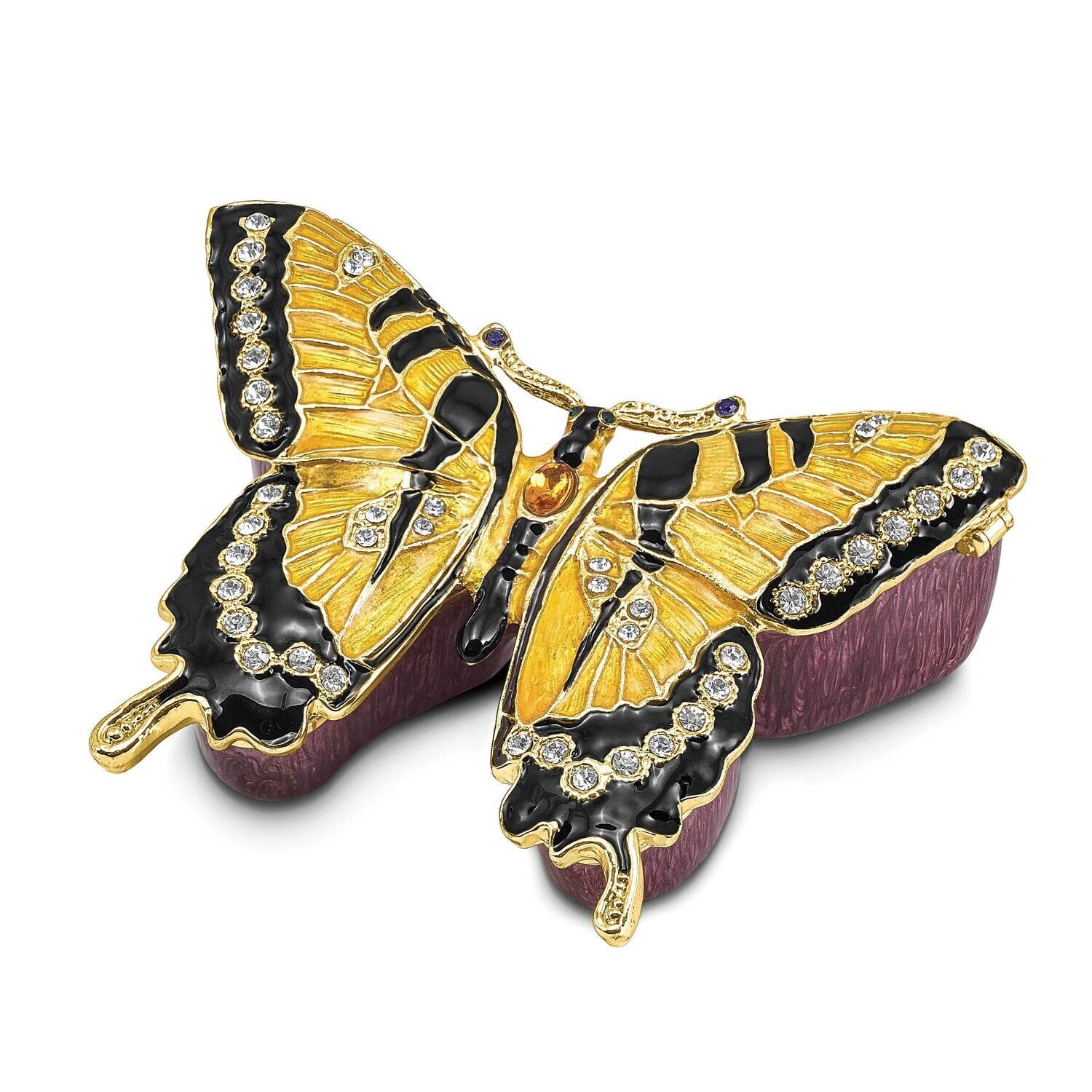 By Jere MARION Yellow Monarch Butterfly Trinket Box with Matching 18 Inch Necklace Pewter Bejeweled Crystals Gold-tone Enameled BJ4137