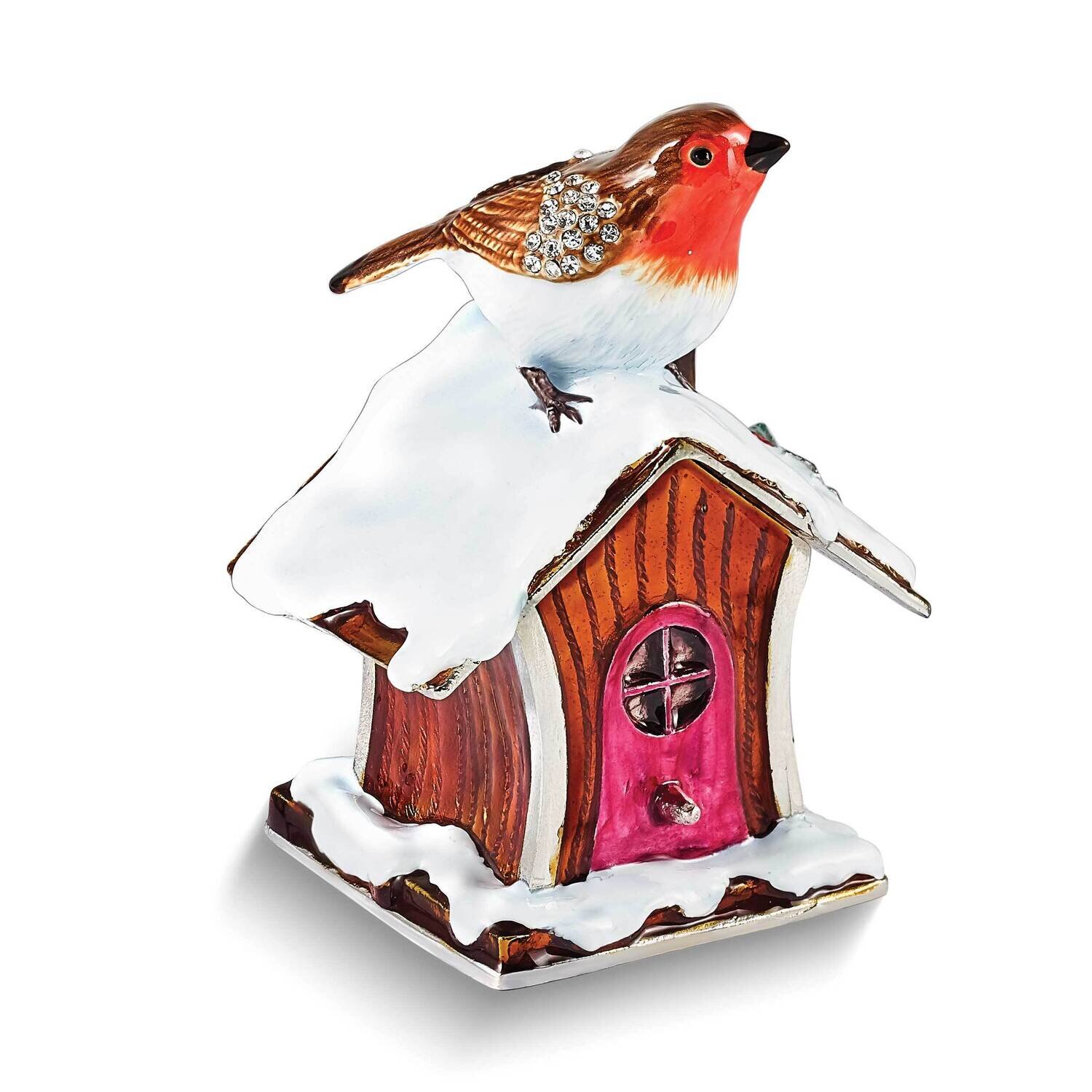 By Jere BERTIE Robin on Bird House Trinket Box with Matching 18 Inch Necklace Pewter Bejeweled Crystals Silver-tone Enameled BJ4180