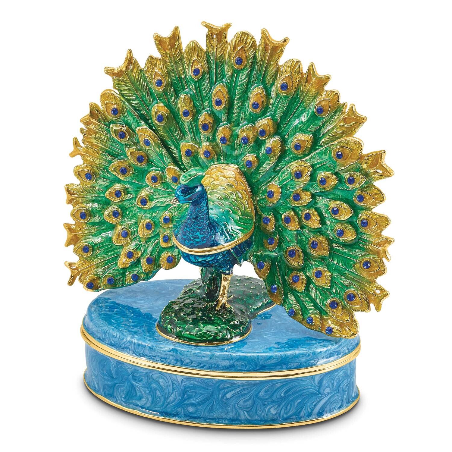 By Jere PERO Peacock on Oval Trinket Box with Matching 18 Inch Necklace Pewter Bejeweled Crystals Gold-tone Enameled BJ4144