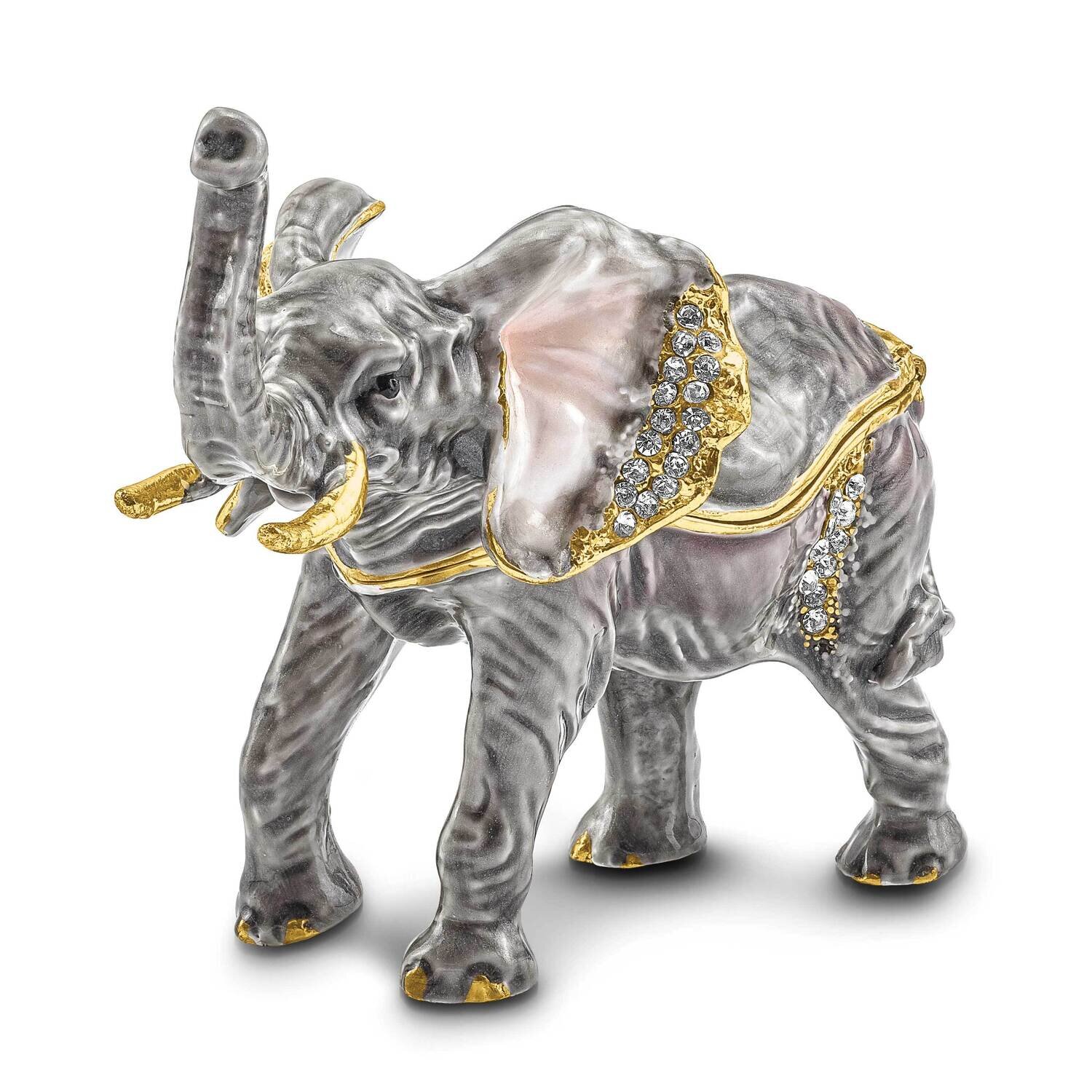 By Jere MORRISON Elephant Trinket Box with Matching 18 Inch Necklace Pewter Bejeweled Crystals Gold-tone Enameled BJ4152