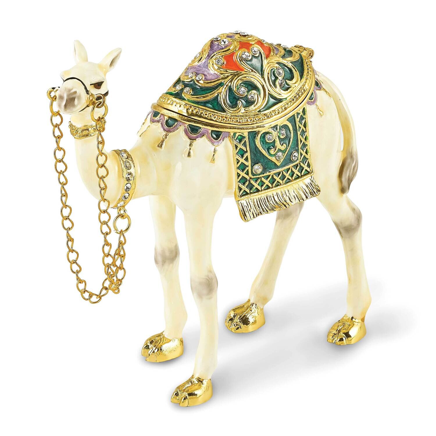 By Jere FAISAL White Camel Trinket Box with Matching 18 Inch Necklace Pewter Bejeweled Crystals Gol…