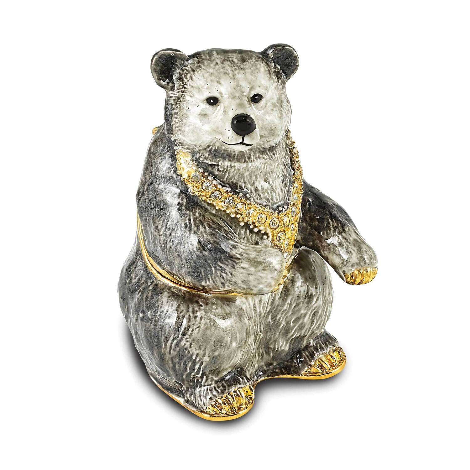 By Jere BETTY Black and Grey Bear Trinket Box with Matching 18 Inch Necklace Pewter Bejeweled Cryst…