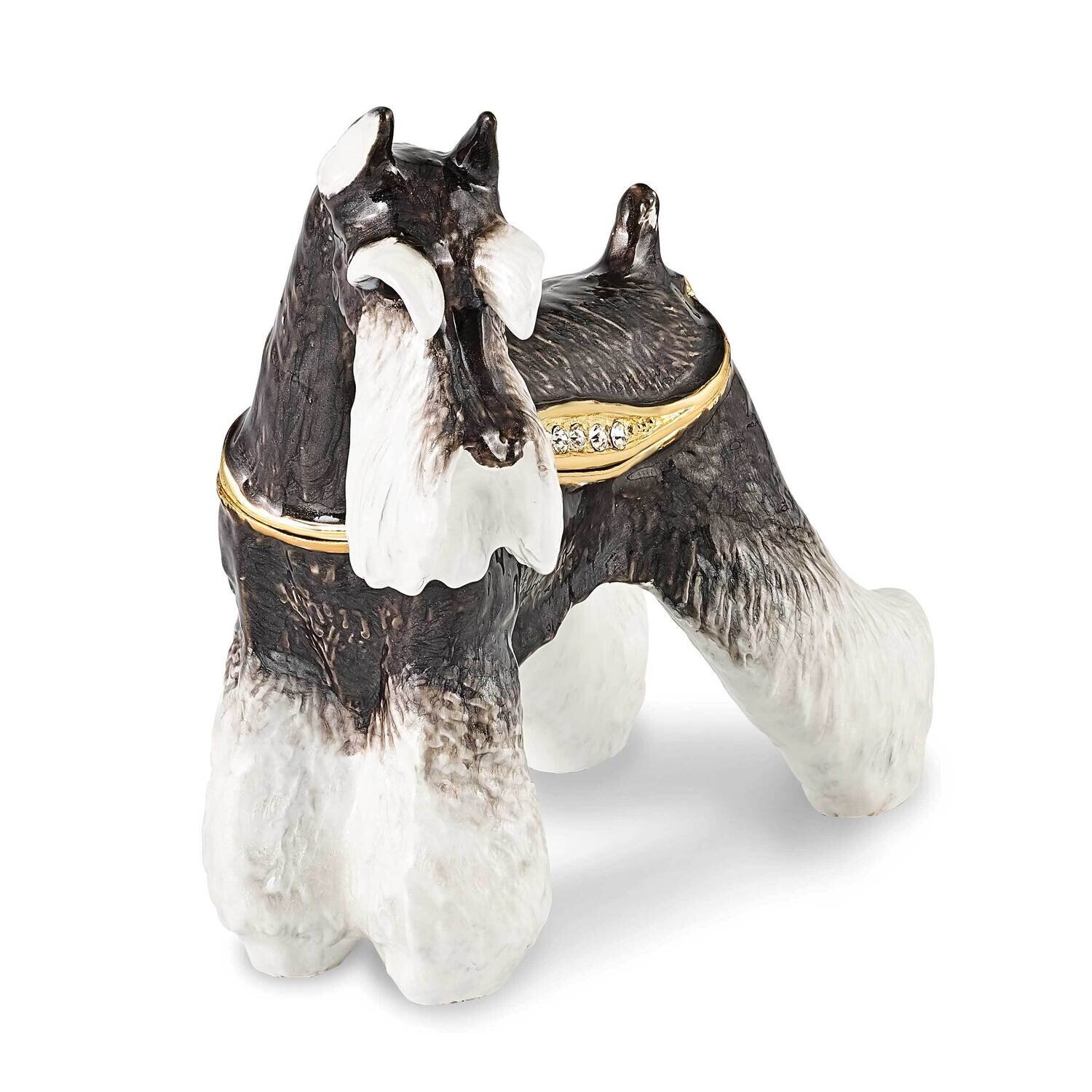 By Jere KAISER Black & White Schnauzer Dog Trinket Box with Matching 18 Inch Necklace Pewter Bejeweled Crystals Gold-tone Enameled BJ4173