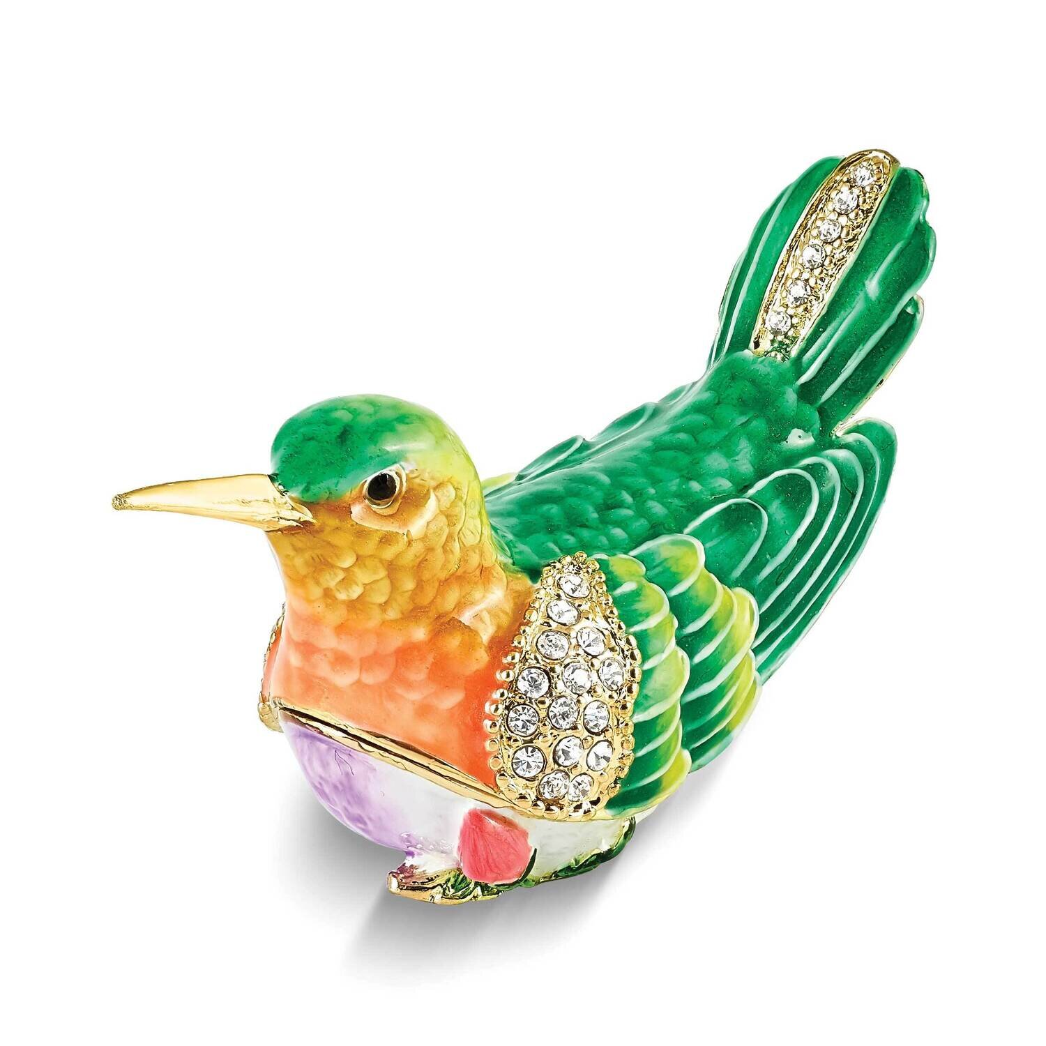 By Jere MADI Gold-tone Hummingbird Trinket Box with Matching 18 Inch Necklace Pewter Bejeweled Crys…