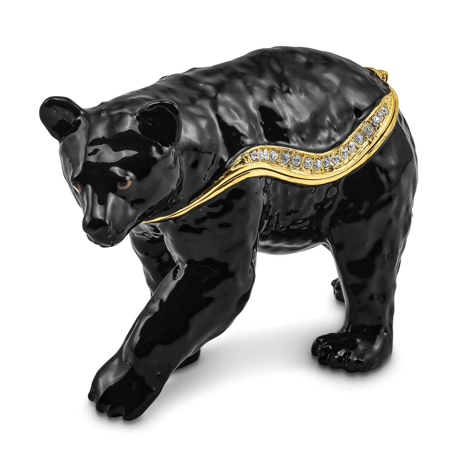 By Jere SMOKEY Walking Black Bear Trinket Box with Matching 18 Inch Necklace Pewter Bejeweled Crystals Gold-tone Enameled BJ4104