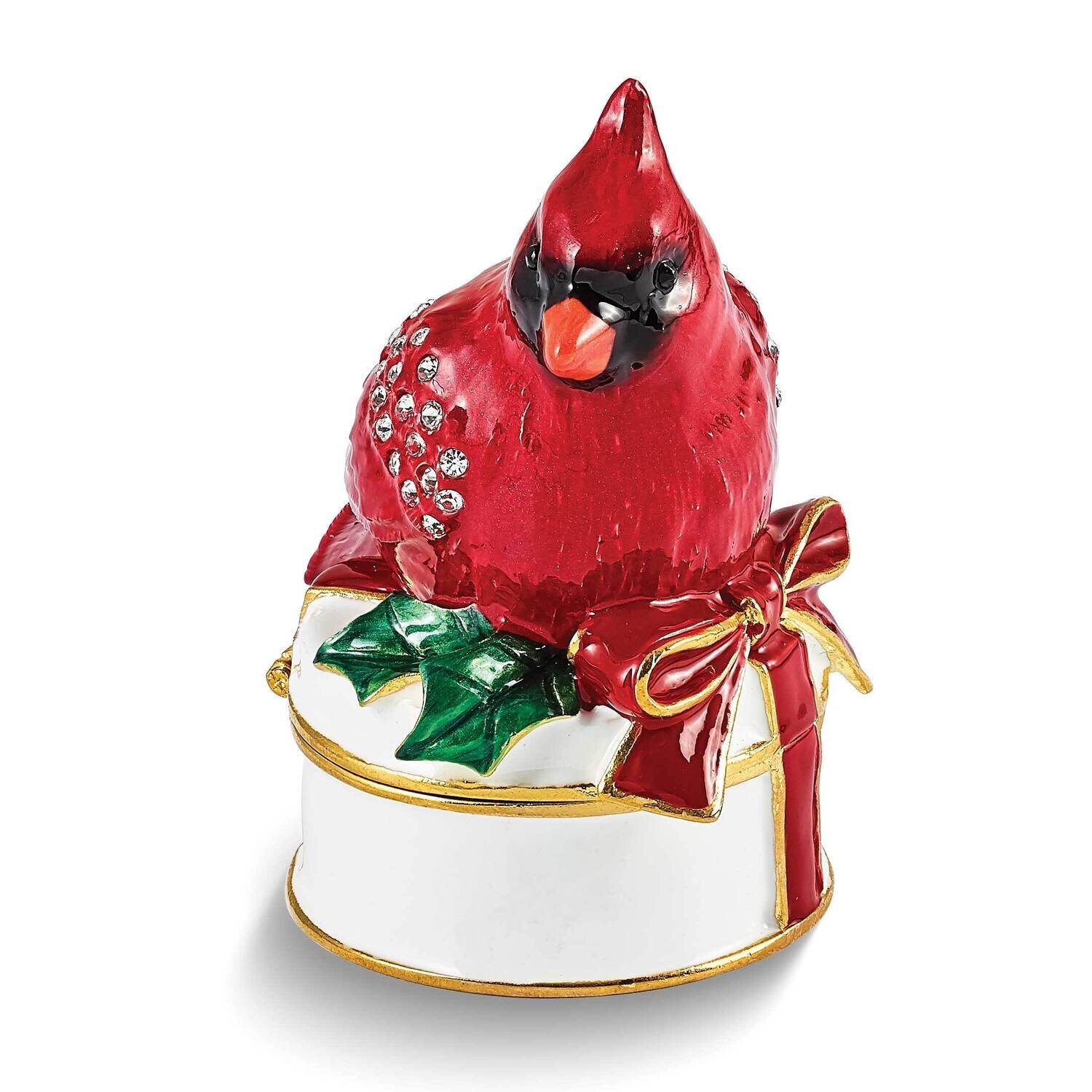 By Jere CHAS Red Cardinal on White Trinket Box with Matching 18 Inch Necklace Pewter Bejeweled Crys…