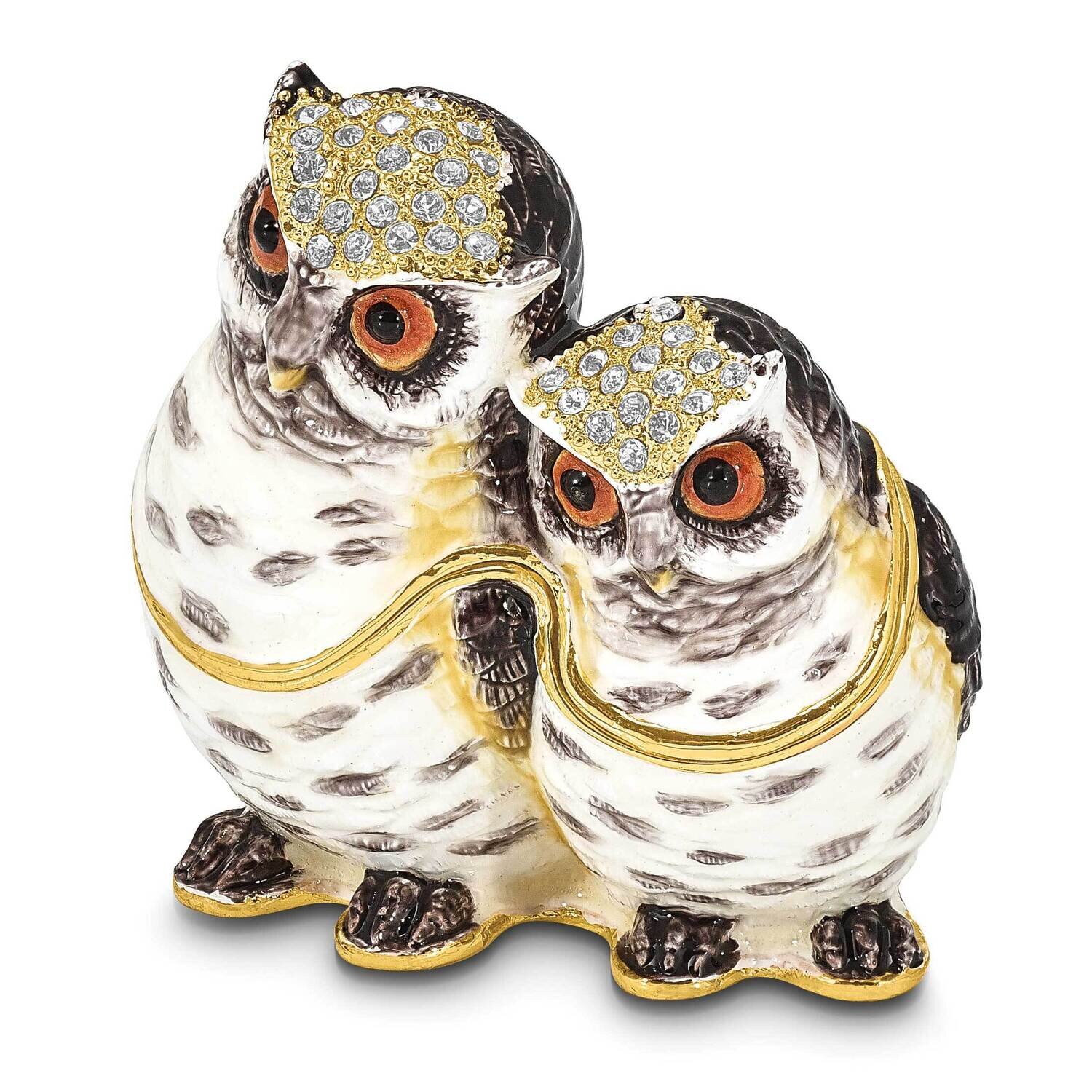 By Jere OLGA and OMAR Mother and Baby Owl Trinket Box with Matching 18 Inch Necklace Pewter Bejeweled Crystals Gold-tone Enameled BJ4106