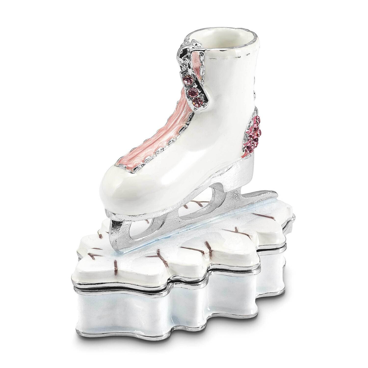 By Jere GLIDER Pink and White Ice Skate Trinket Box with Matching 18 Inch Necklace Pewter Bejeweled Crystals Silver-tone Enameled BJ4117