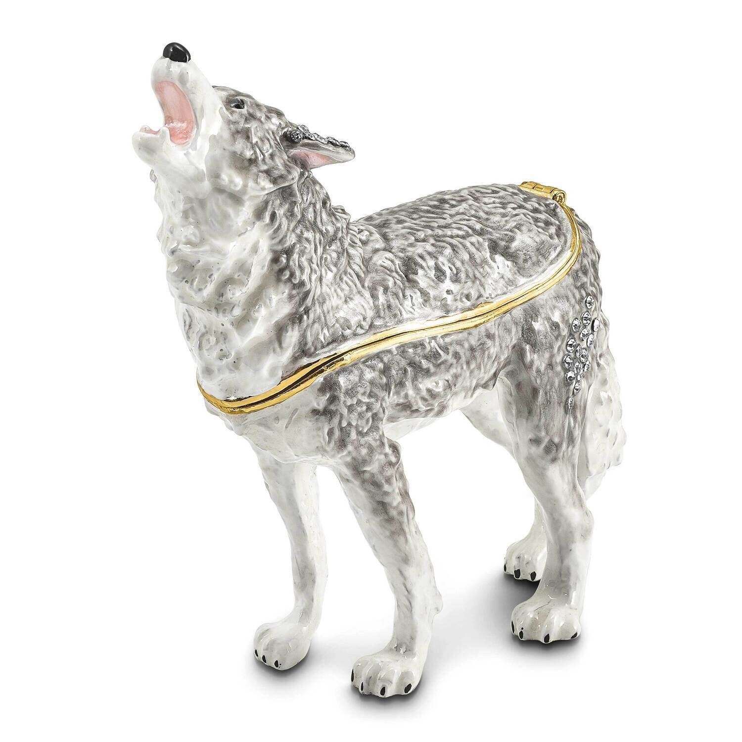 By Jere JACK Howling Wolf Trinket Box with Matching 18 Inch Necklace Pewter Bejeweled Crystals Gold…