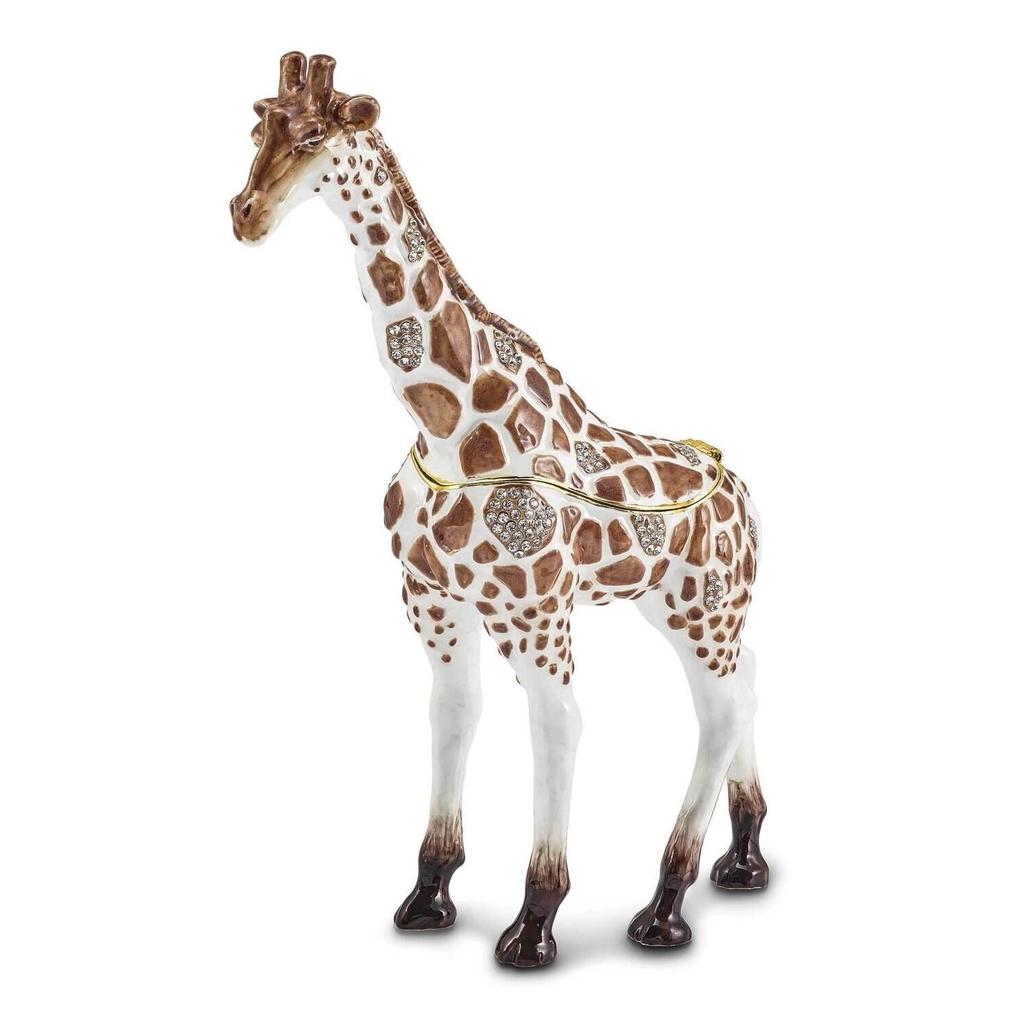 By Jere GAIL Brown and White Giraffe Trinket Box with Matching 18 Inch Necklace Pewter Bejeweled Crystals Gold-tone Enameled BJ4120