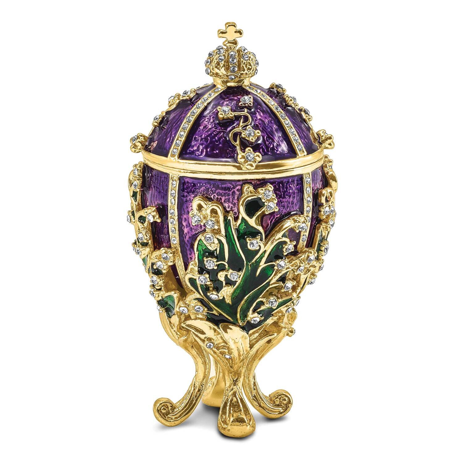 By Jere LILY OF THE VALLEY Purple Egg with Ring Pad Trinket Box with Matching 18 Inch Necklace Pewter Bejeweled Crystals Gold-tone Enameled BJ4125