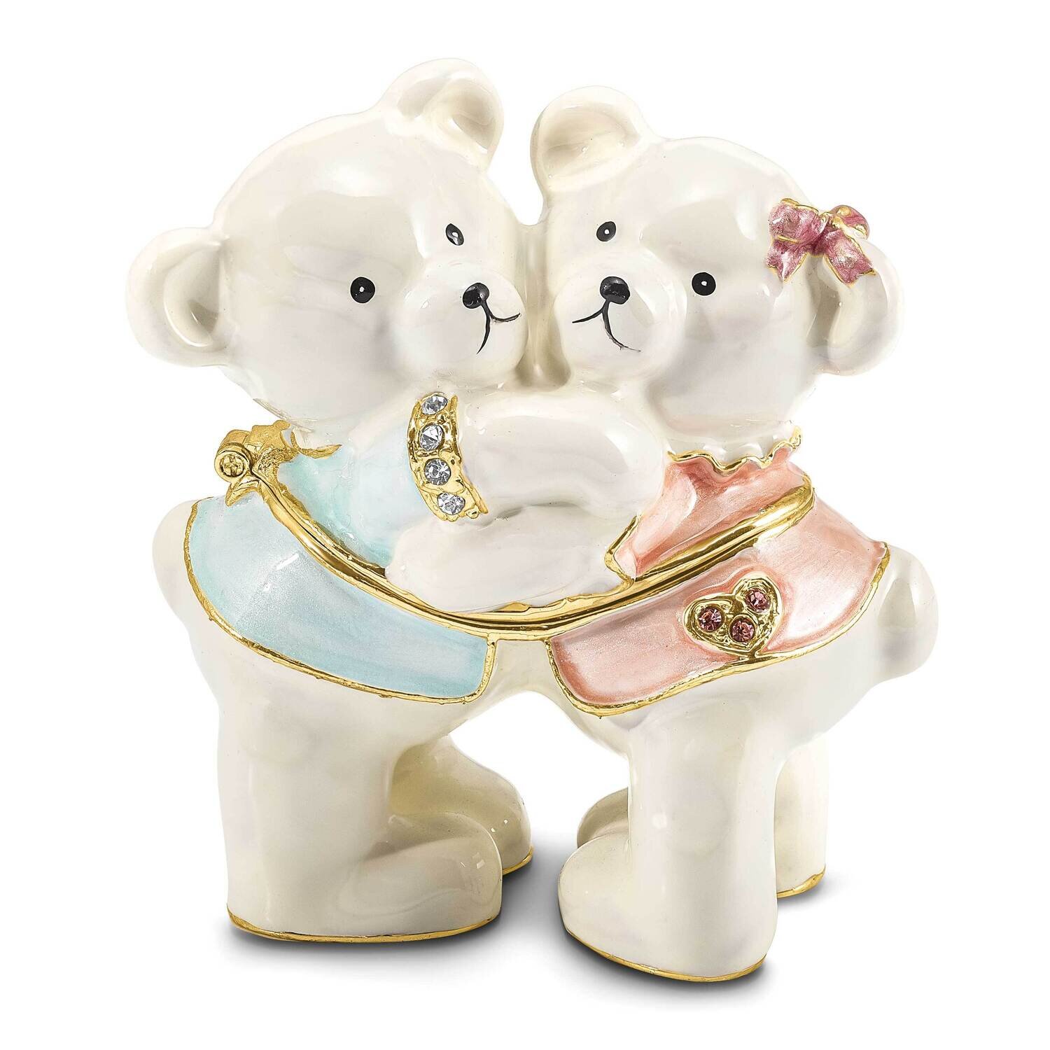 By Jere TEDDY and TOOTSIE Bears Trinket Box with Matching 18 Inch Necklace Pewter Bejeweled Crystals Gold-tone Enameled BJ4130