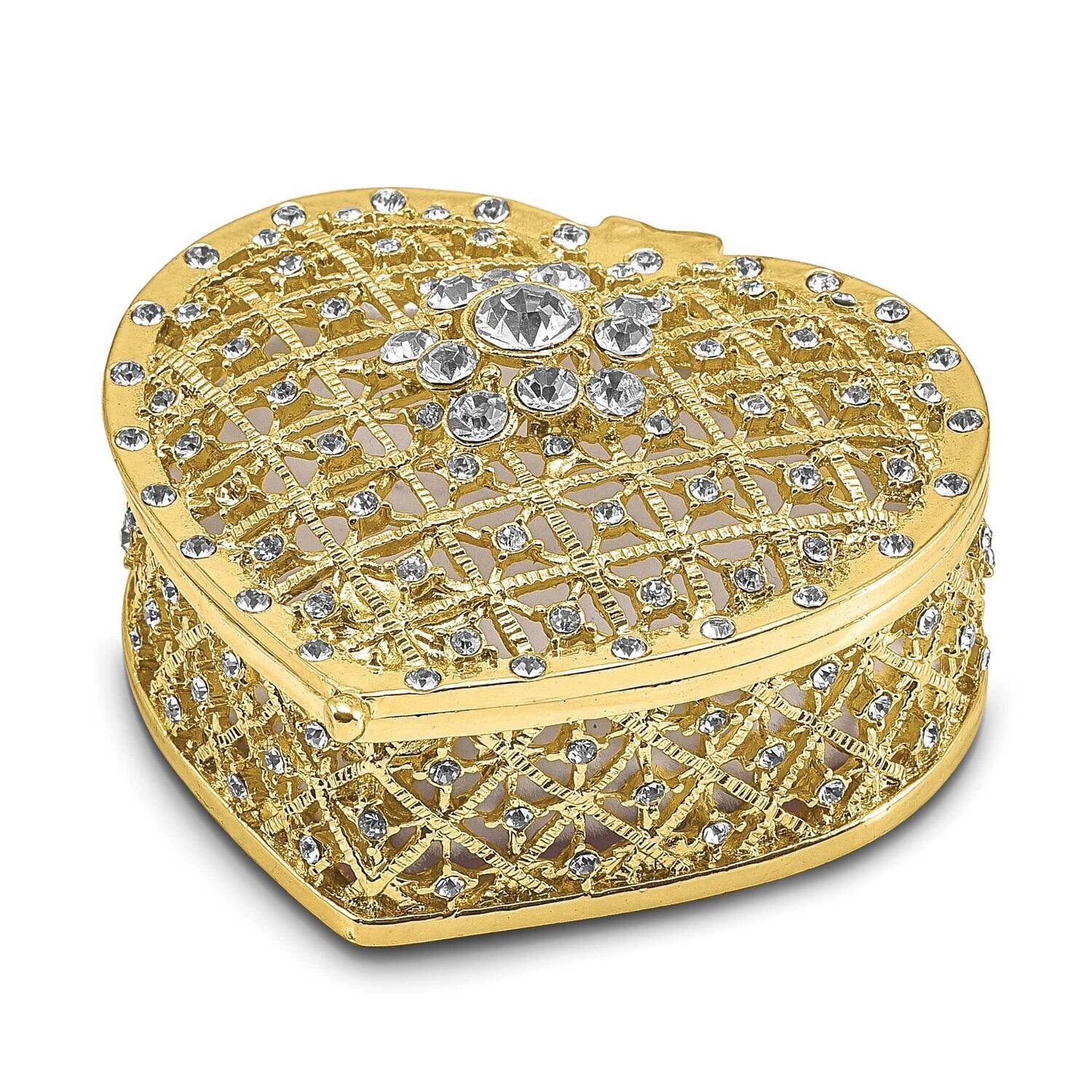 By Jere ROMANCE Filigree Heart with Ring Pad Trinket Box with Matching 18 Inch Necklace Pewter Bejeweled Crystals Gold-tone Enameled BJ4132
