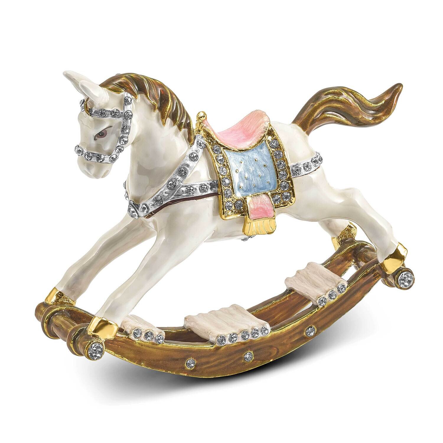 By Jere RIMA Rocking Horse Trinket Box with Matching 18 Inch Necklace Pewter Bejeweled Crystals Gold-tone Enameled BJ4134