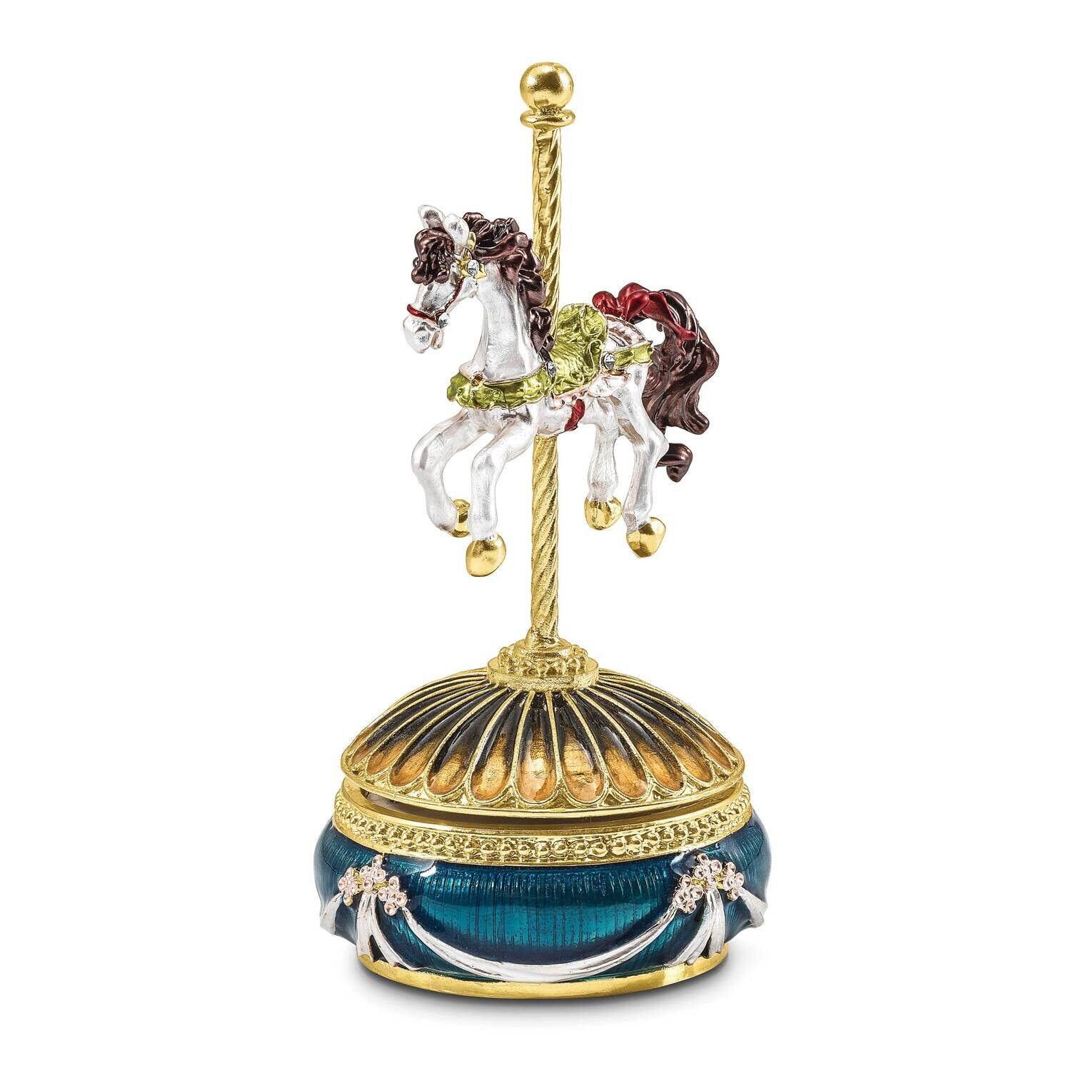 By Jere PAL (Plays It's a Small World) Carousel Horse Musical Figurine with Matching 18 Inch Necklace Pewter Bejeweled Crystals Gold-tone Enameled BJ4140
