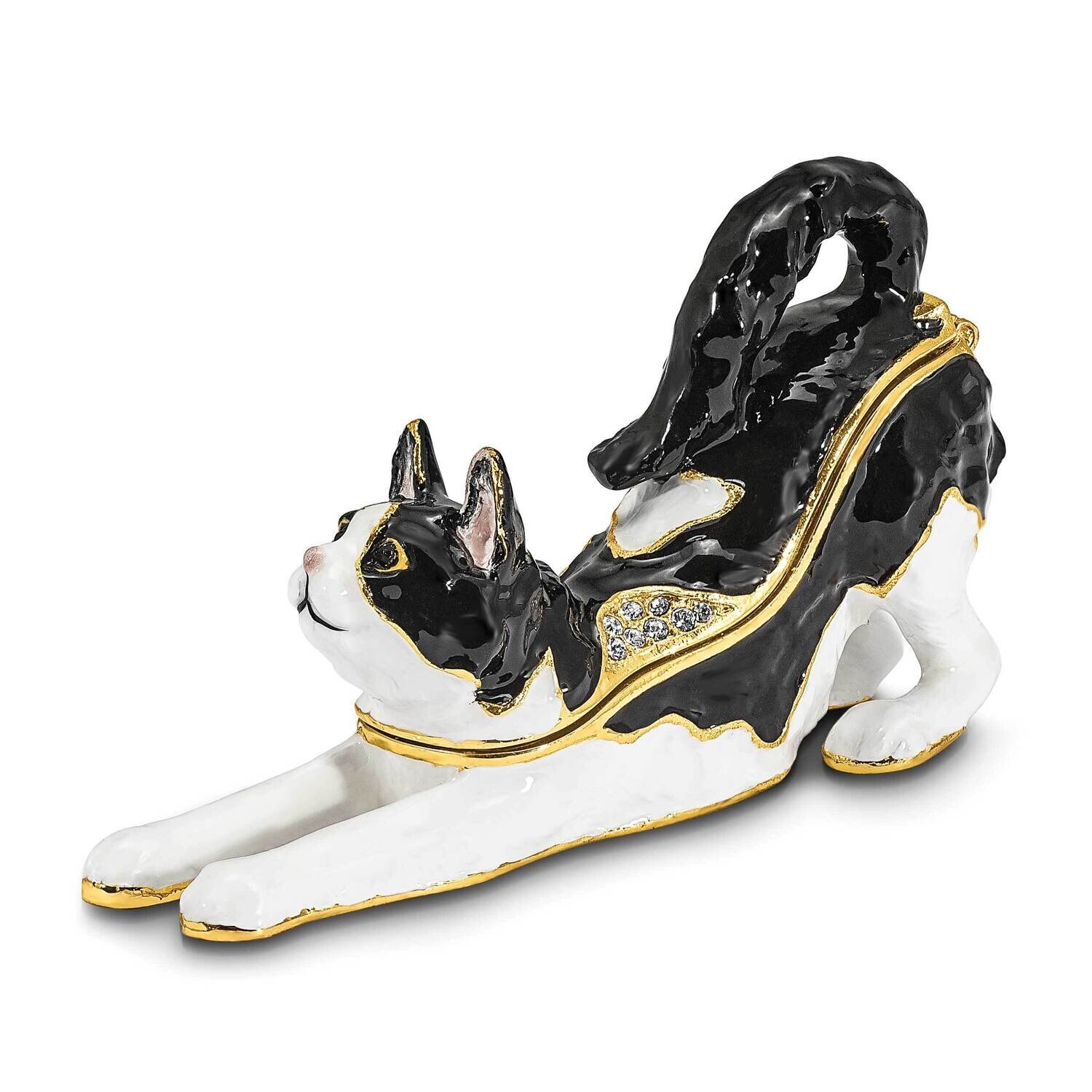 By Jere SLEEPY Stretching Black and White Cat Trinket Box with Matching 18 Inch Necklace Pewter Bejeweled Crystals Gold-tone Enameled BJ4107