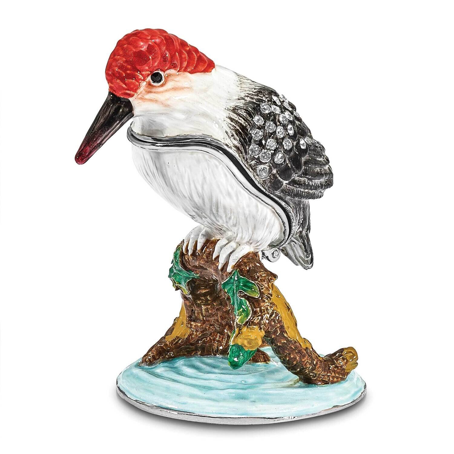 By Jere WOODROW Woodpecker Trinket Box with Matching 18 Inch Necklace Pewter Bejeweled Crystals Silver-tone Enameled BJ4109