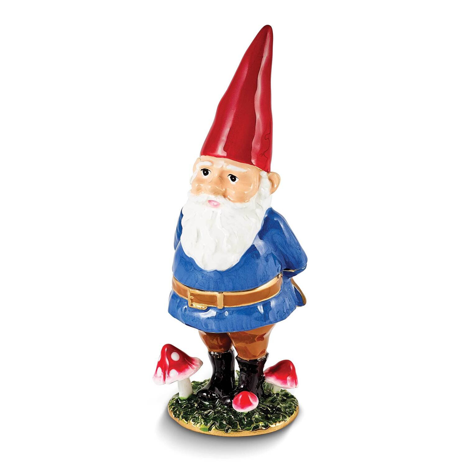 By Jere NIMBLE Gnome with Mushrooms Trinket Box with Matching 18 Inch Necklace Pewter Bejeweled Crystals Gold-tone Enameled BJ4170
