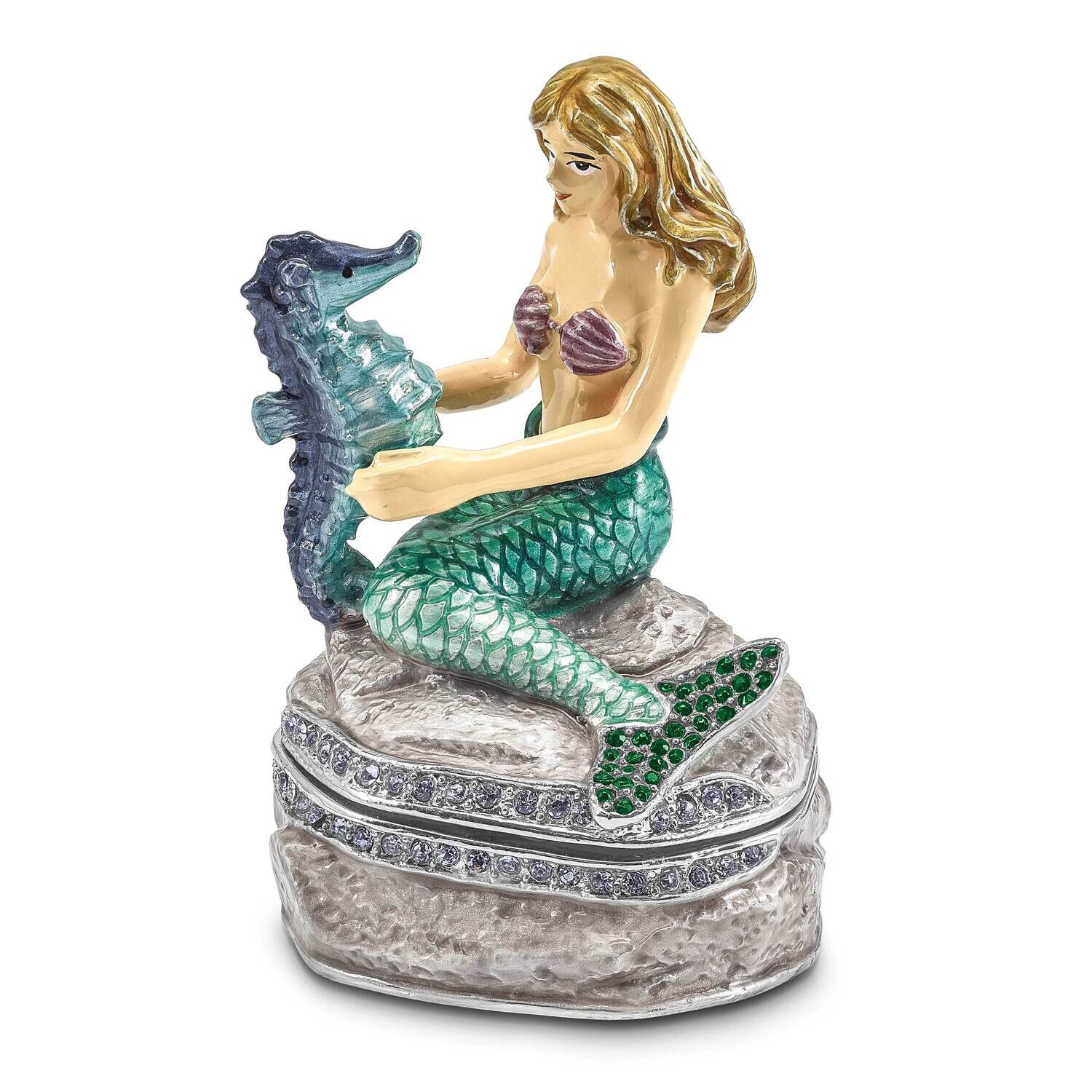 By Jere ADELLA Mermaid with Seahorse Trinket Box with Matching 18 Inch Necklace Pewter Bejeweled Crystals Silver-tone Enameled BJ4110