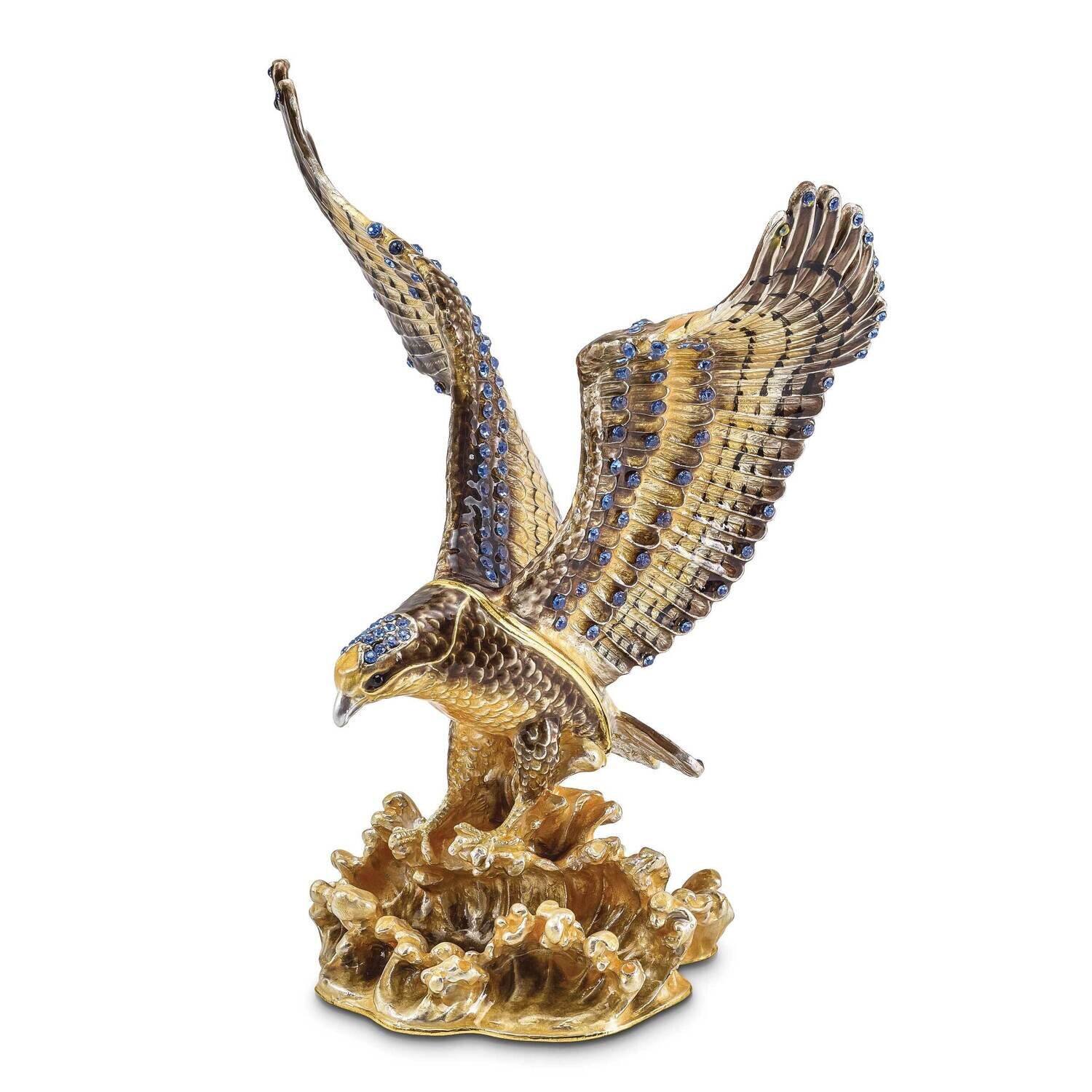 By Jere VALIANT Golden Eagle Trinket Box with Matching 18 Inch Necklace Pewter Bejeweled Crystals Gold-tone Enameled BJ4143