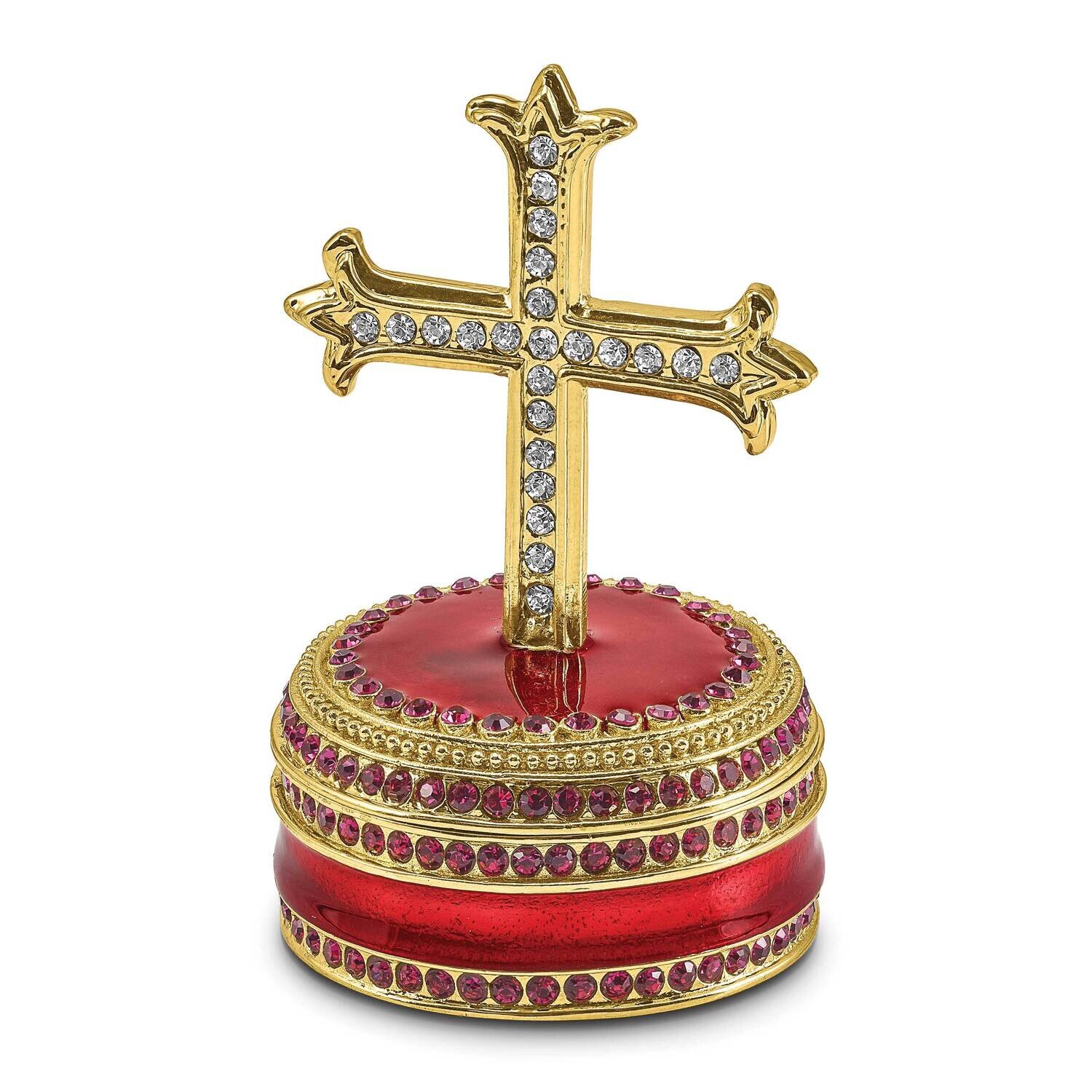 By Jere REVERENCE Cross on Round Trinket Box with Matching 18 Inch Necklace Pewter Bejeweled Crystals Gold-tone Enameled BJ4146