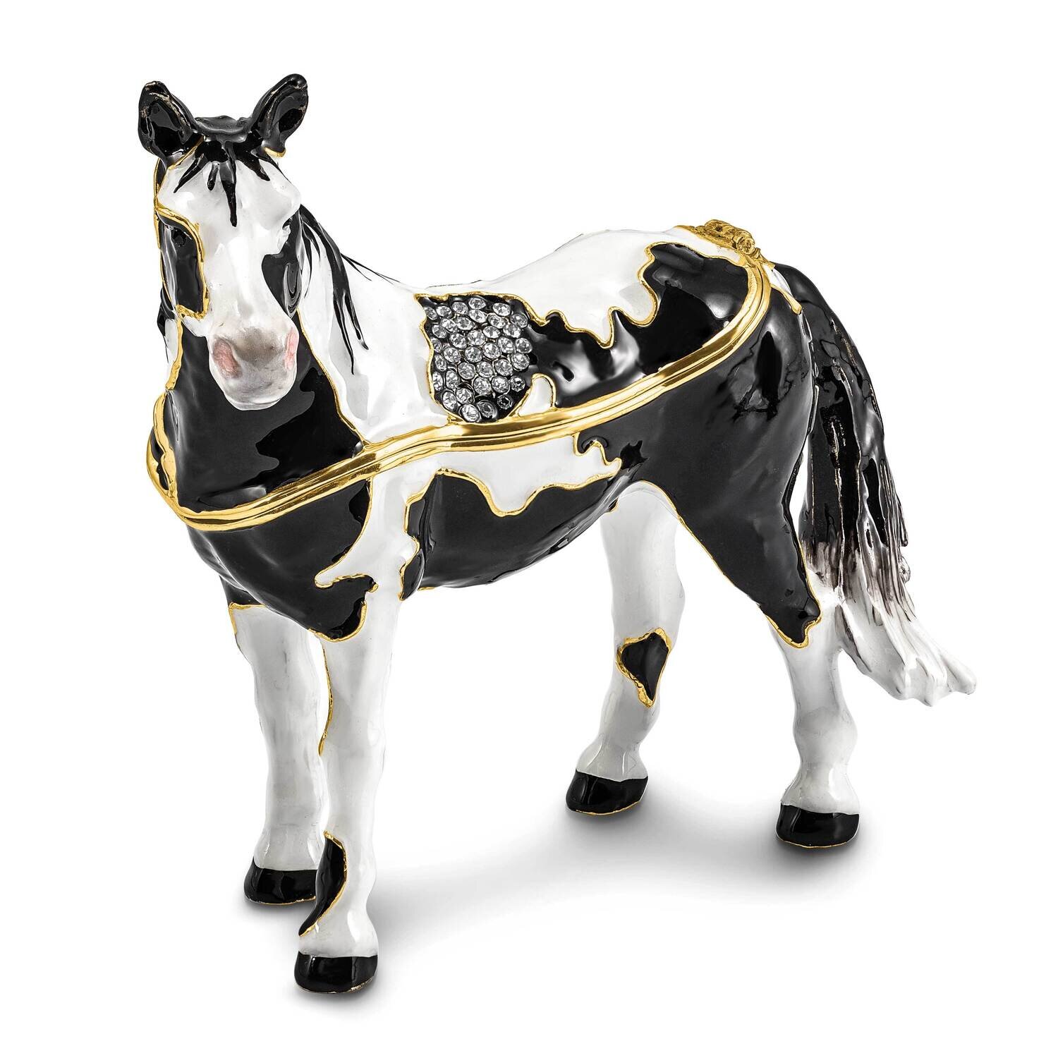 By Jere ALPHA Paint Horse Trinket Box with Matching 18 Inch Necklace Pewter Bejeweled Crystals Gold-tone Enameled BJ4151