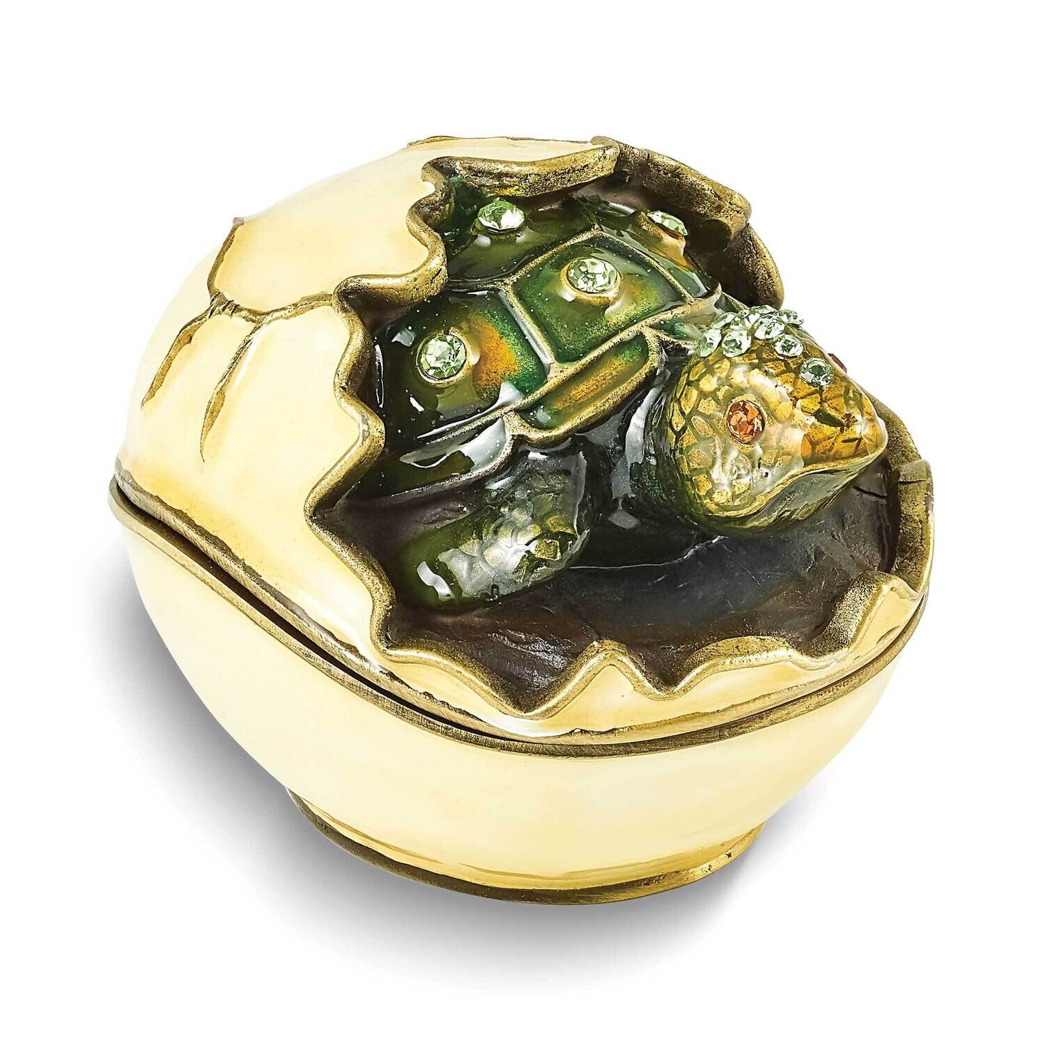 By Jere NORBERT Turtle Hatchling Trinket Box with Matching 18 Inch Necklace Pewter Bejeweled Crystals Gold-tone Enameled BJ4154