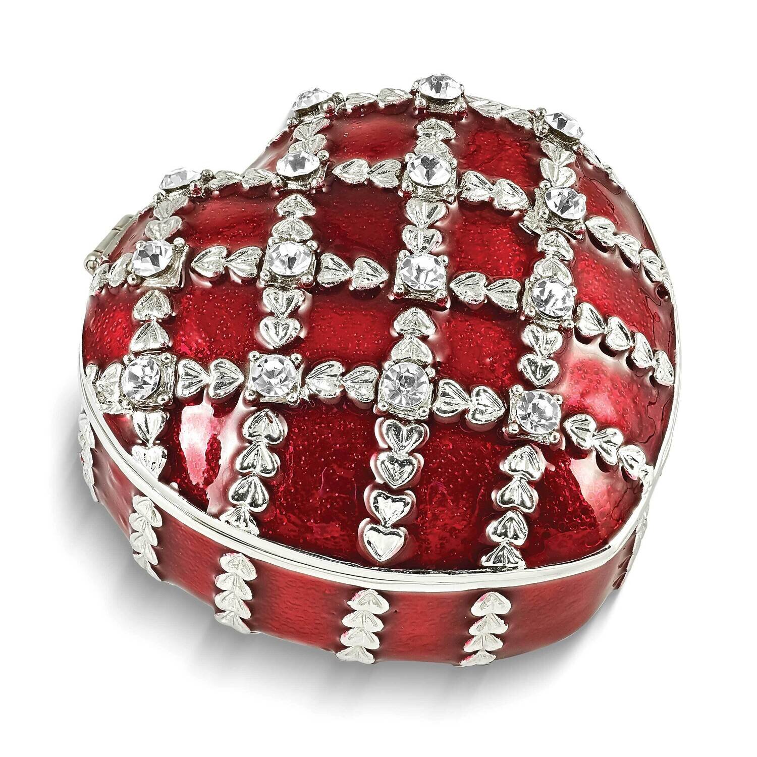 By Jere VALENTINE Heart Trinket Box with Matching 18 Inch Necklace Pewter Bejeweled Crystals Silver-tone Enameled BJ4159