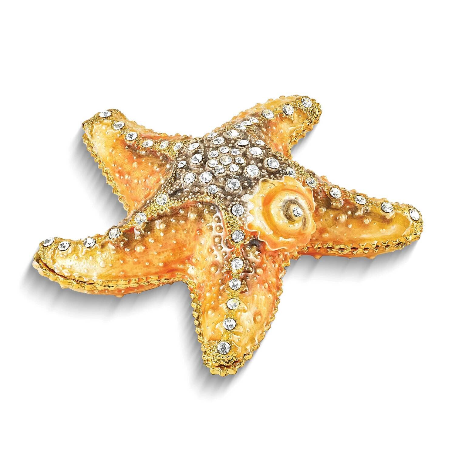 By Jere STANLEY Starfish Trinket Box with Matching 18 Inch Necklace Pewter Bejeweled Crystals Gold-tone Enameled BJ4160