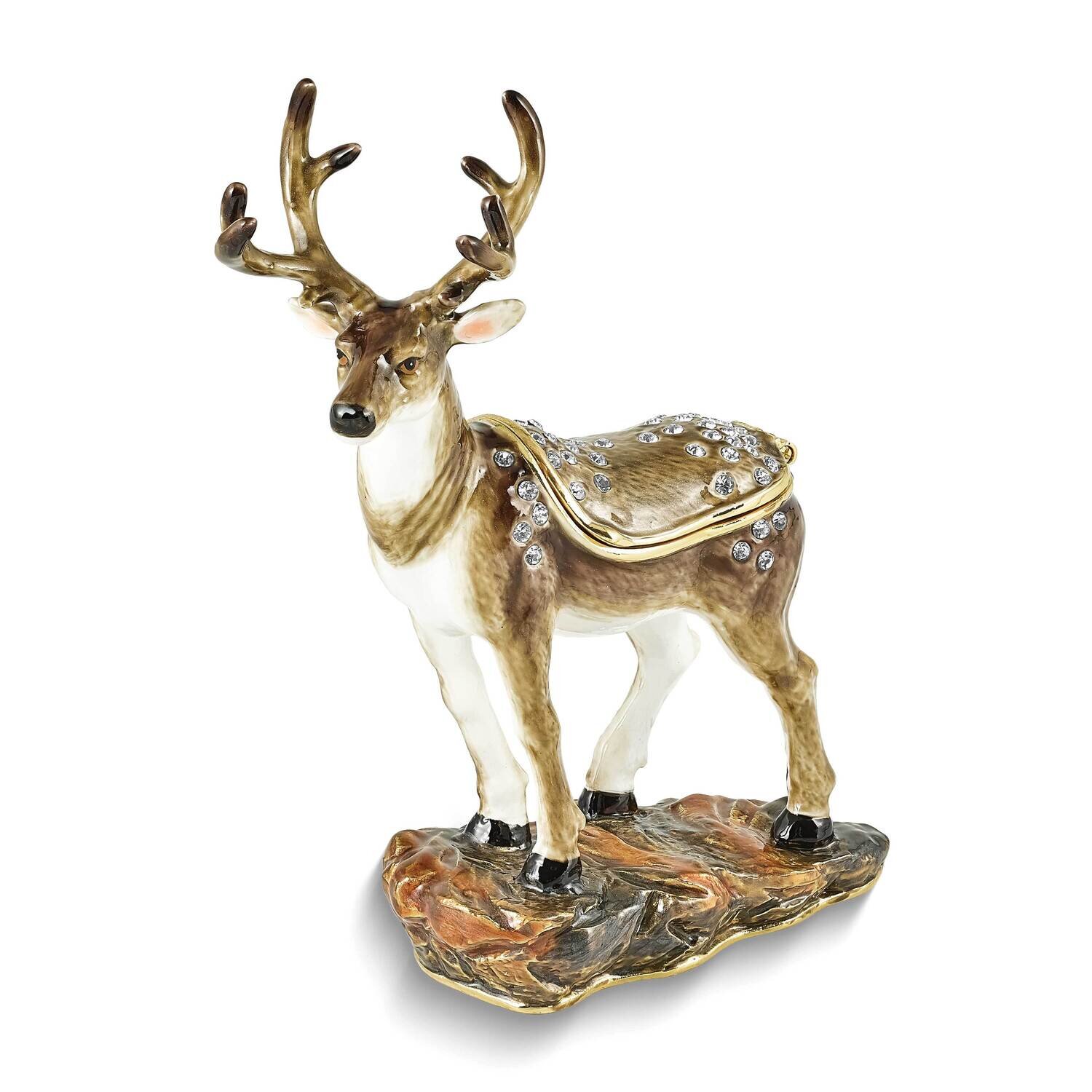 By Jere BUCK Deer Trinket Box with Matching 18 Inch Necklace Pewter Bejeweled Crystals Gold-tone Enameled BJ4163