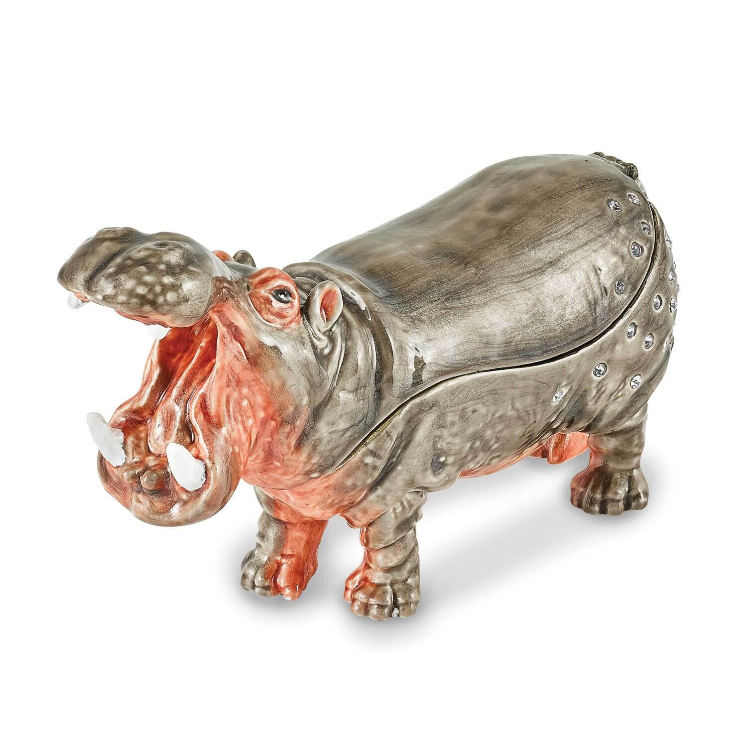 By Jere HENRY Hippo Trinket Box with Matching 18 Inch Necklace Pewter Bejeweled Crystals Silver-tone Enameled BJ4164