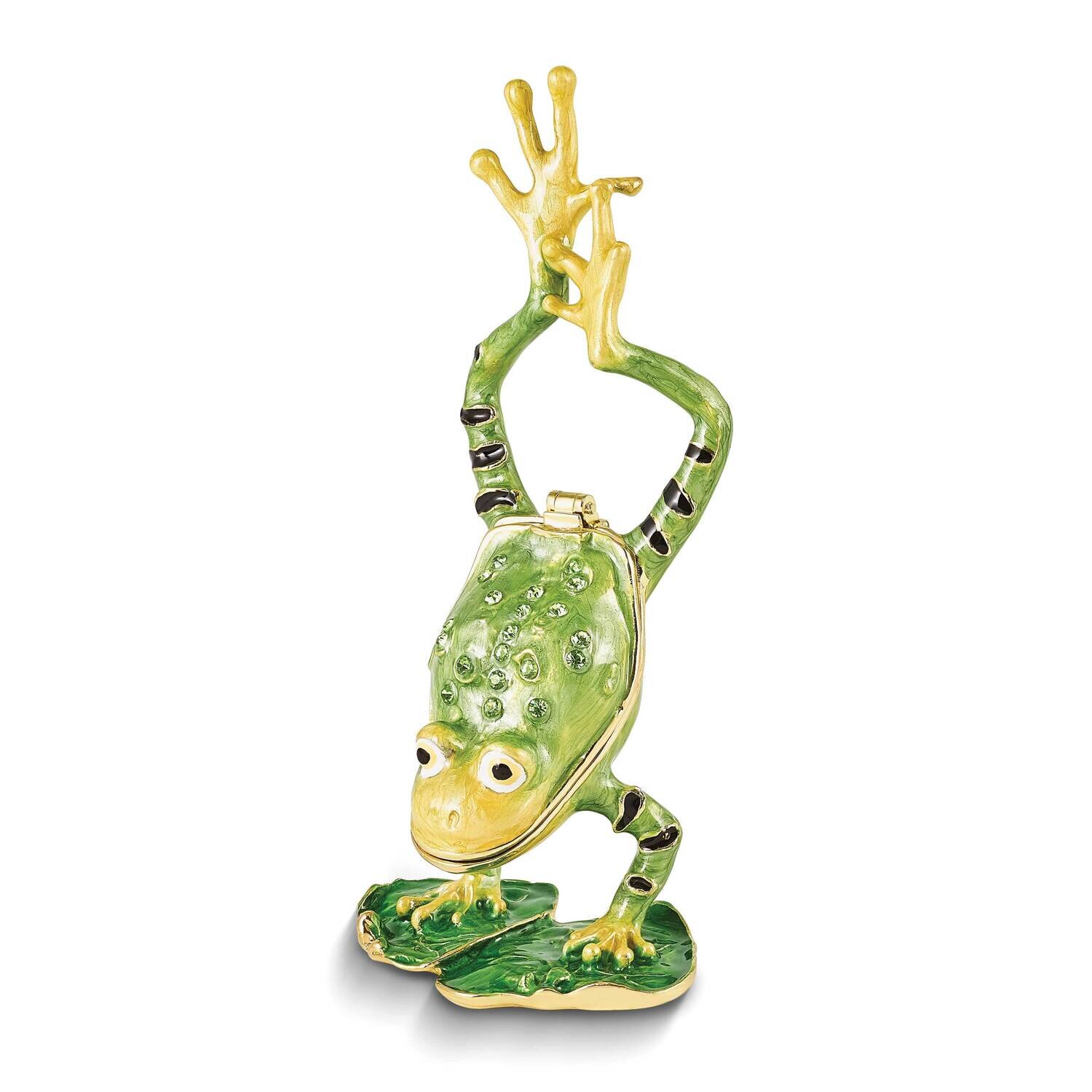 By Jere JENSEN Handstand Frog on Lily Pad Trinket Box with Matching 18 Inch Necklace Pewter Bejeweled Crystals Gold-tone Enameled BJ4169
