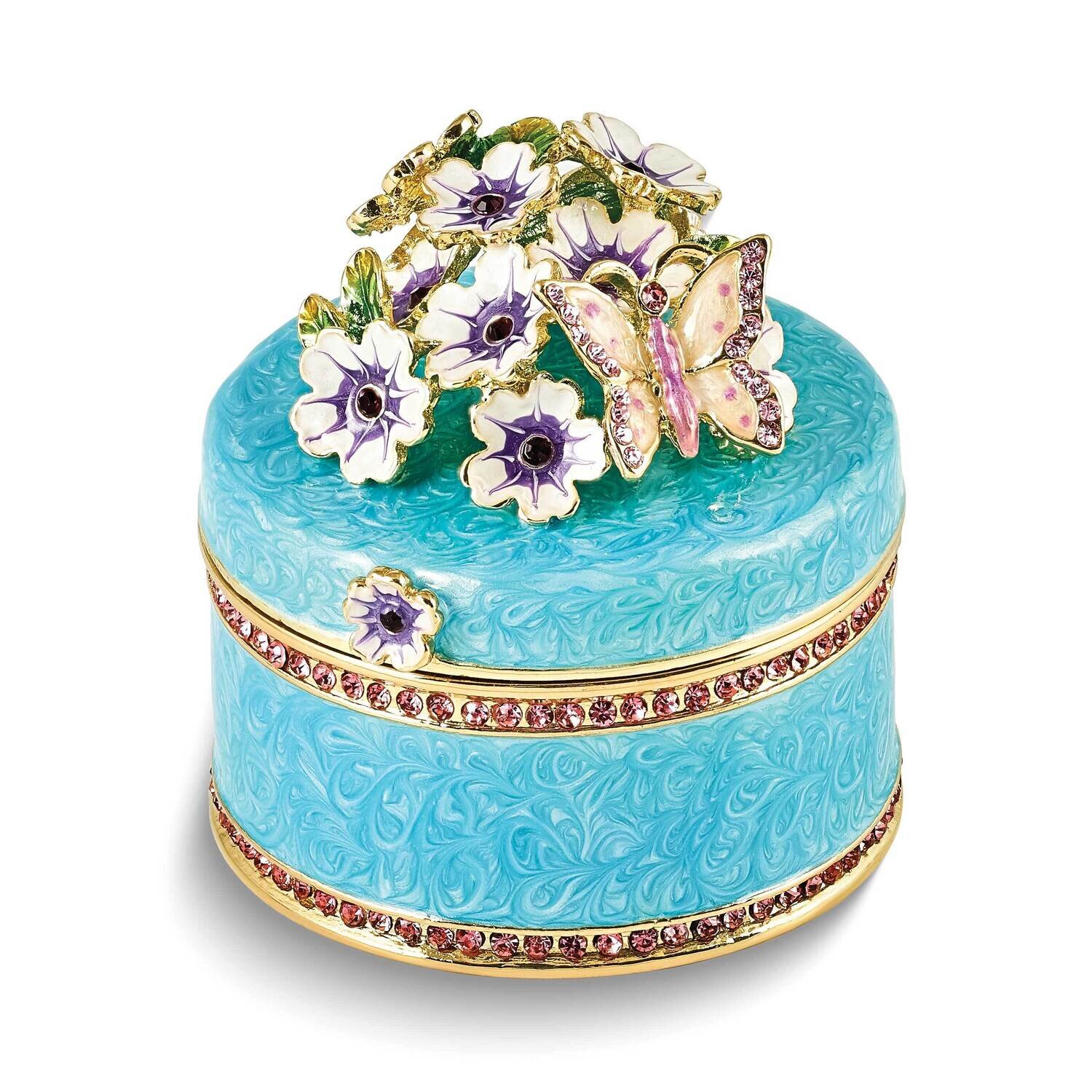 By Jere BUTTERFLY NECTAR Blue Flower Butterfly Ring Holder Trinket Box with Matching 18 Inch Necklace Pewter Bejeweled Crystals Gold-tone Enameled BJ4175