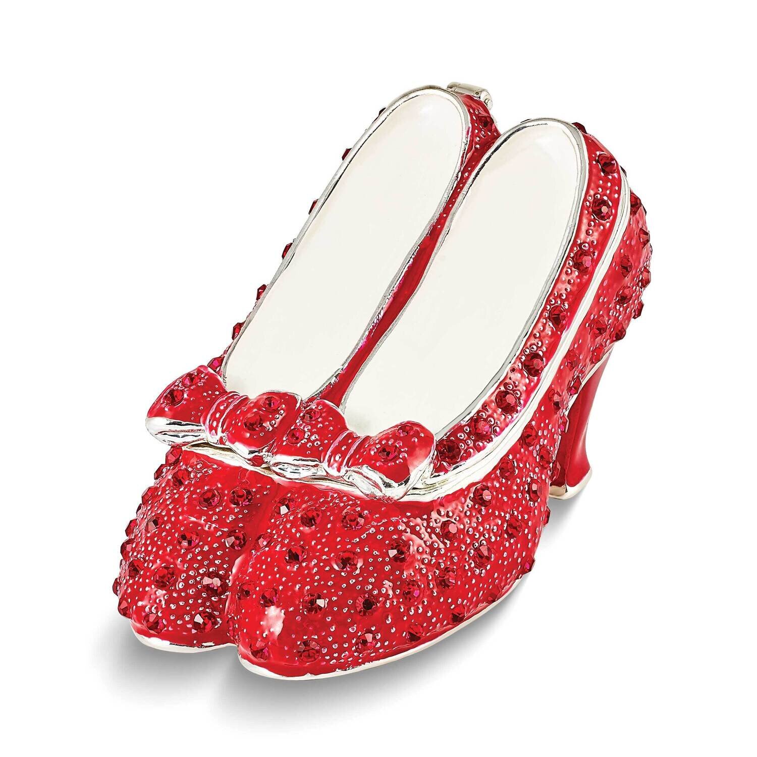 By Jere SCARLET Red High Heels with Bows Trinket Box with Matching 18 Inch Necklace Pewter Bejeweled Crystals Silver-tone Enameled BJ4176